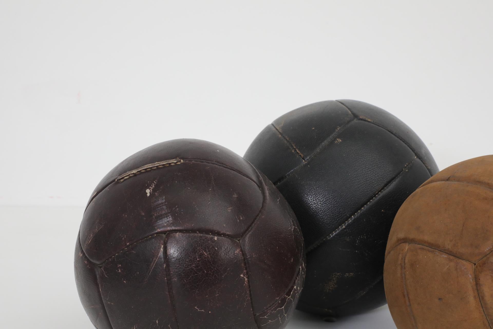 Dutch Set of Three Assorted Vintage Leather Gymnastics Medicine Balls For Sale