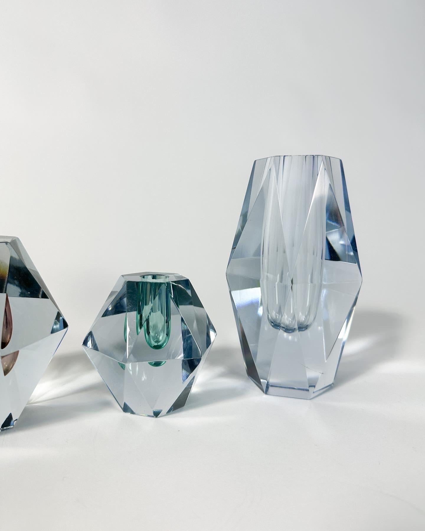Crystal Set of Three Asta Strömberg Diamond Vases Strömbergshyttan 1960s Sweden