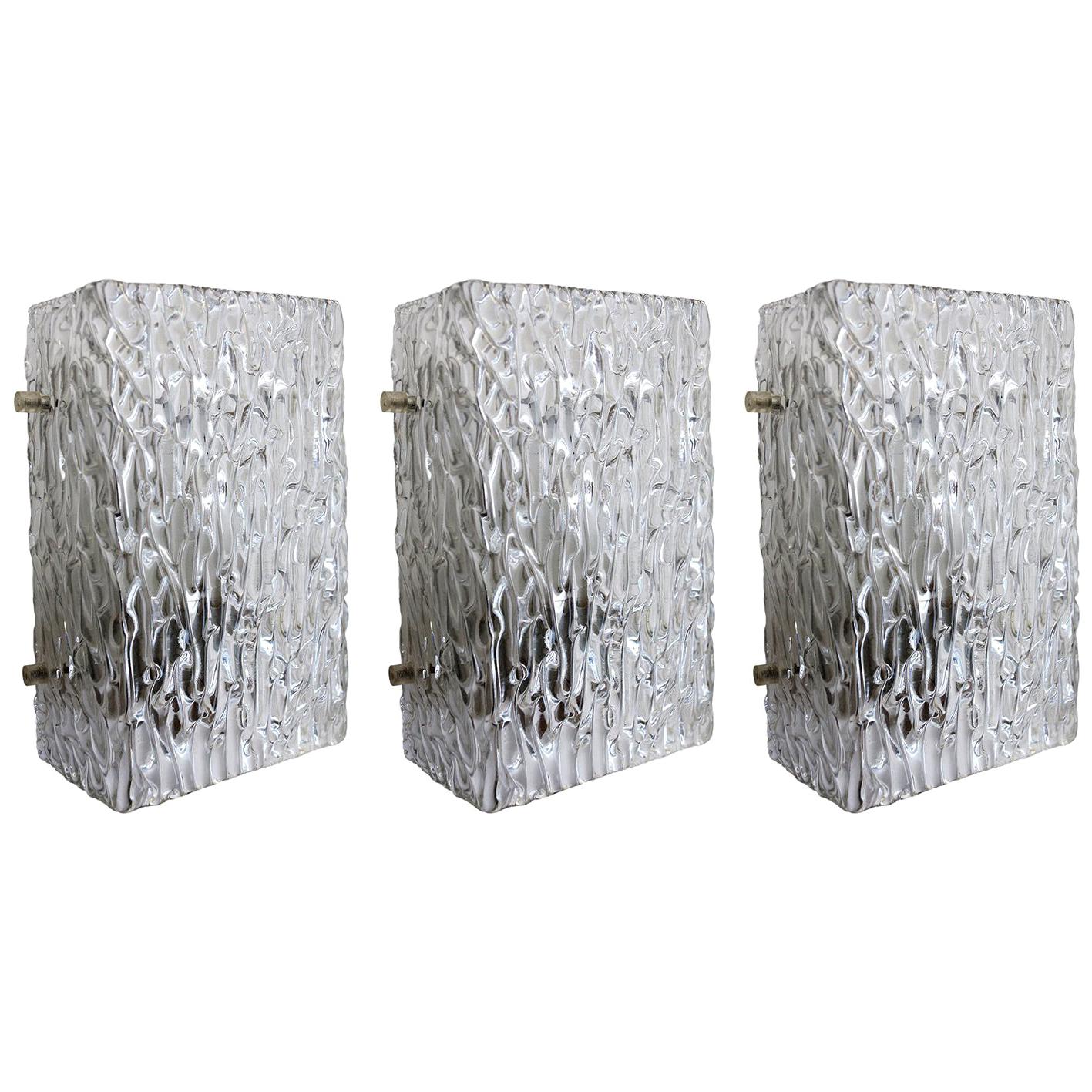 Set of Three Austrian Vintage Textured Ice Glass Wall Lights Sconces, 1960s