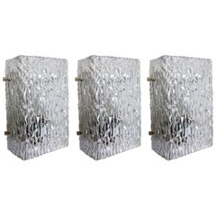 Set of Three Austrian Vintage Textured Ice Glass Wall Lights Sconces, 1960s