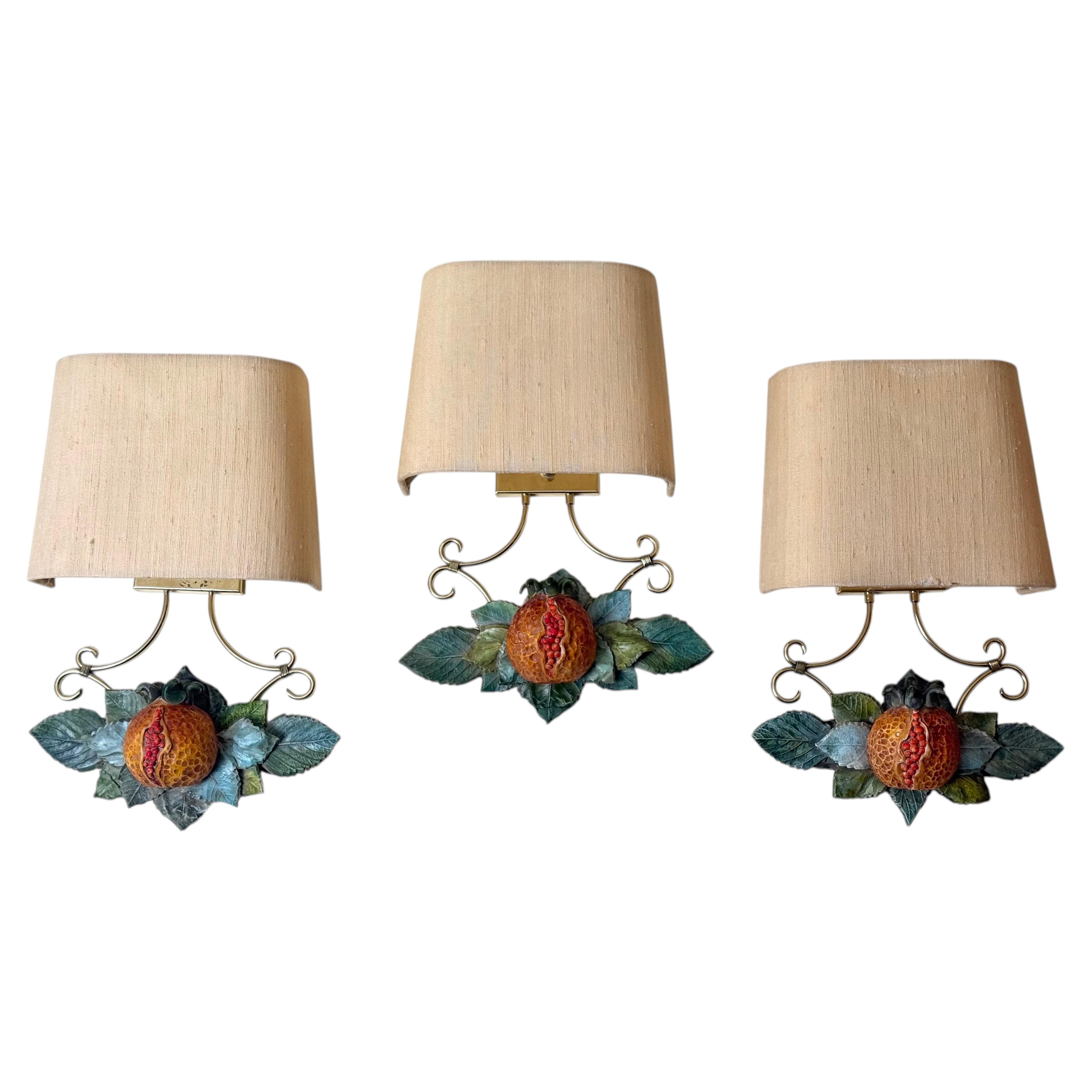 Set of Three Bagà Italian Hand-Painted Pomegranate Sconces For Sale