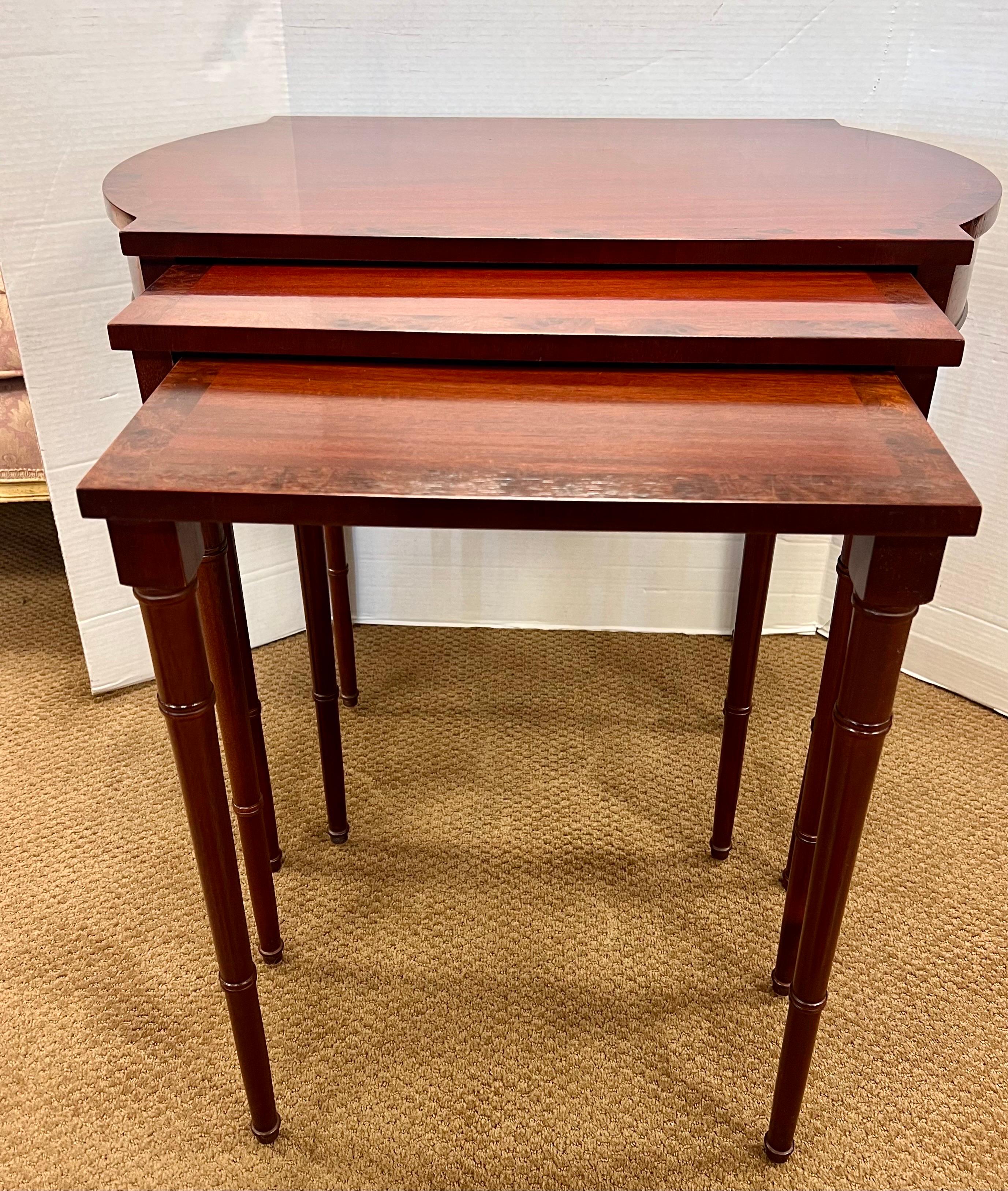American Set of Three Baker Furniture Mahogany Faux Bamboo Nesting Tables For Sale