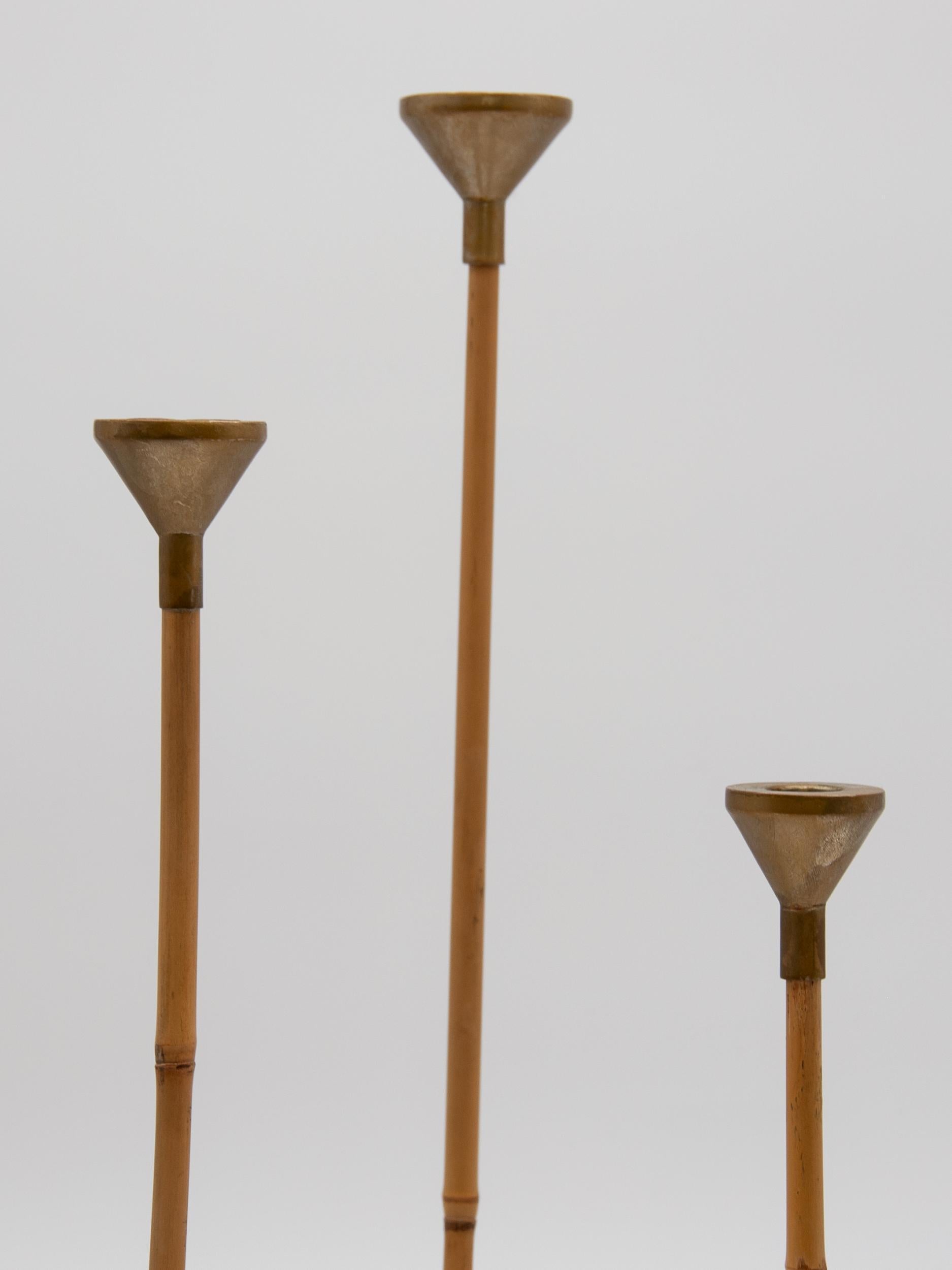 Set of Three Bamboo and Brass Candlesticks In Good Condition For Sale In South Salem, NY
