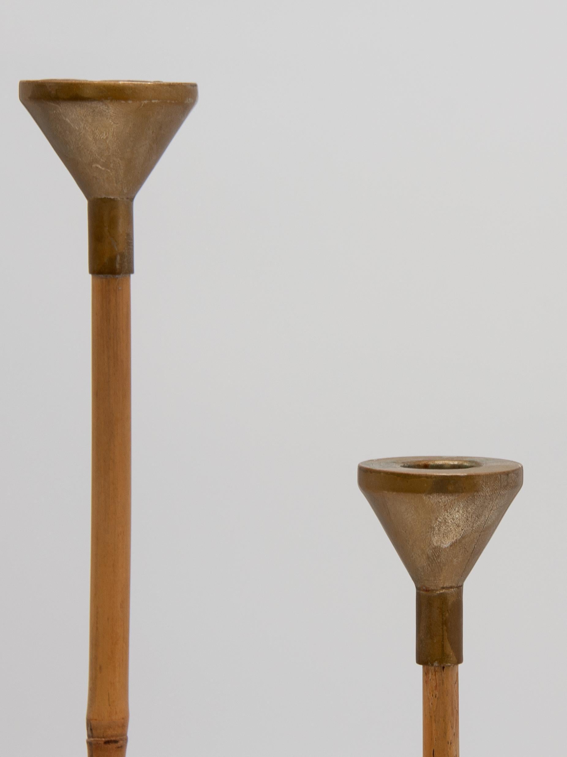 Contemporary Set of Three Bamboo and Brass Candlesticks For Sale