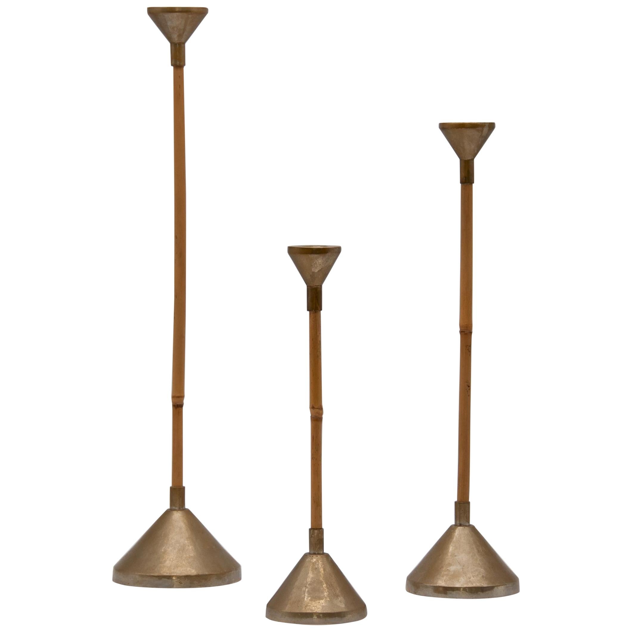 Set of Three Bamboo and Brass Candlesticks For Sale