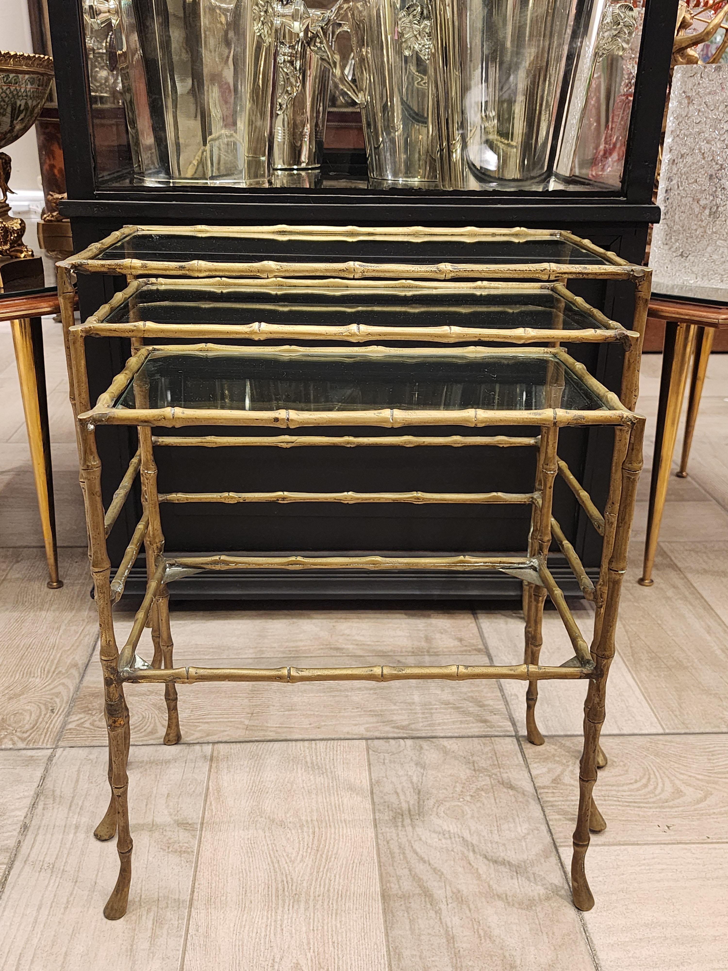 French Set of three bamboo and bronze tables Maison Jansen For Sale