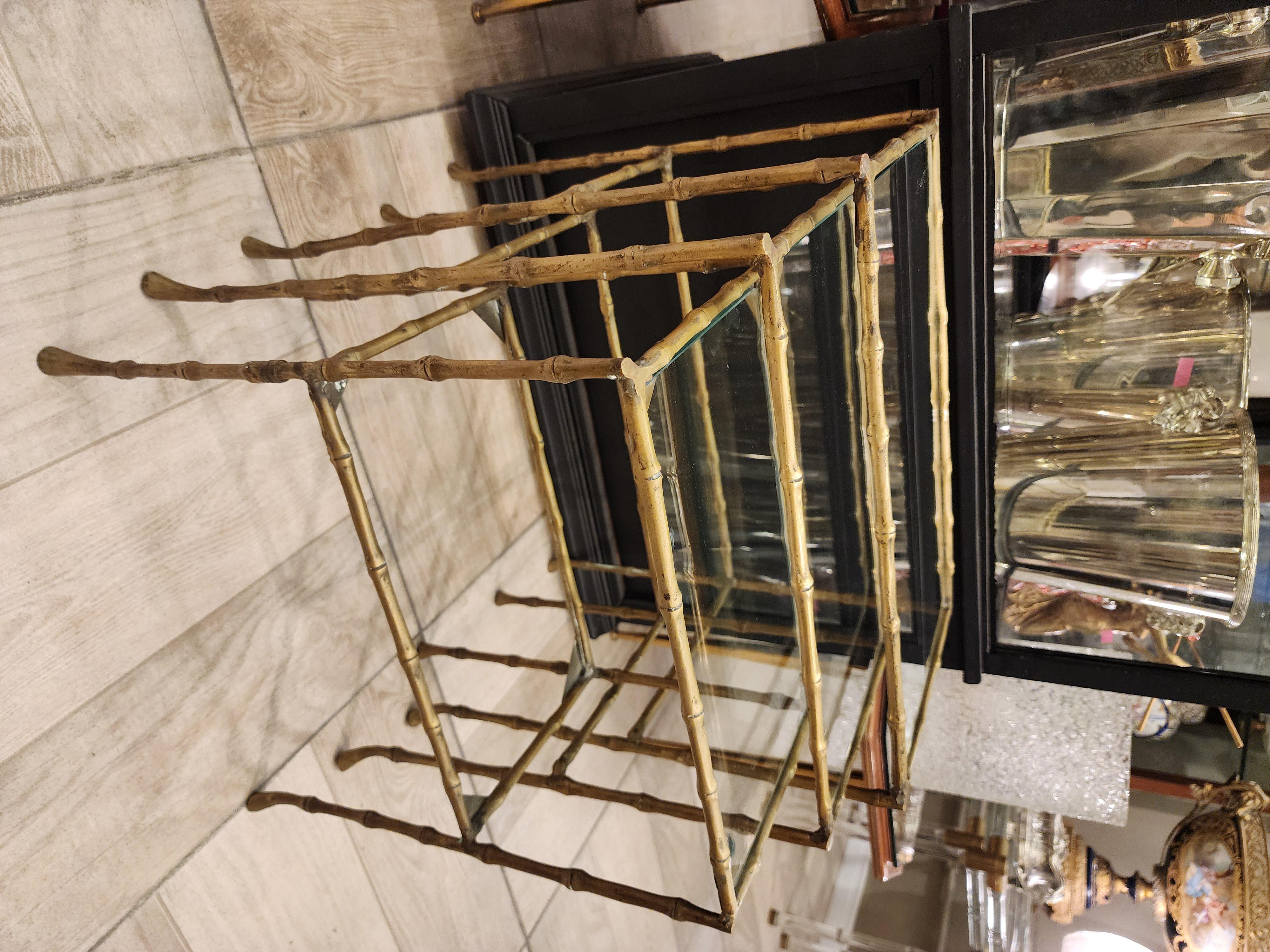 Bronze Set of three bamboo and bronze tables Maison Jansen For Sale