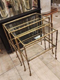 Set of three bamboo and bronze tables Maison Jansen