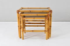Set of three bamboo and smoked glass nesting tables Spain 70s