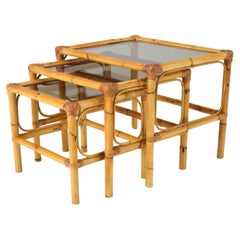Set of three bamboo and smoked glass nesting tables Spain 70s