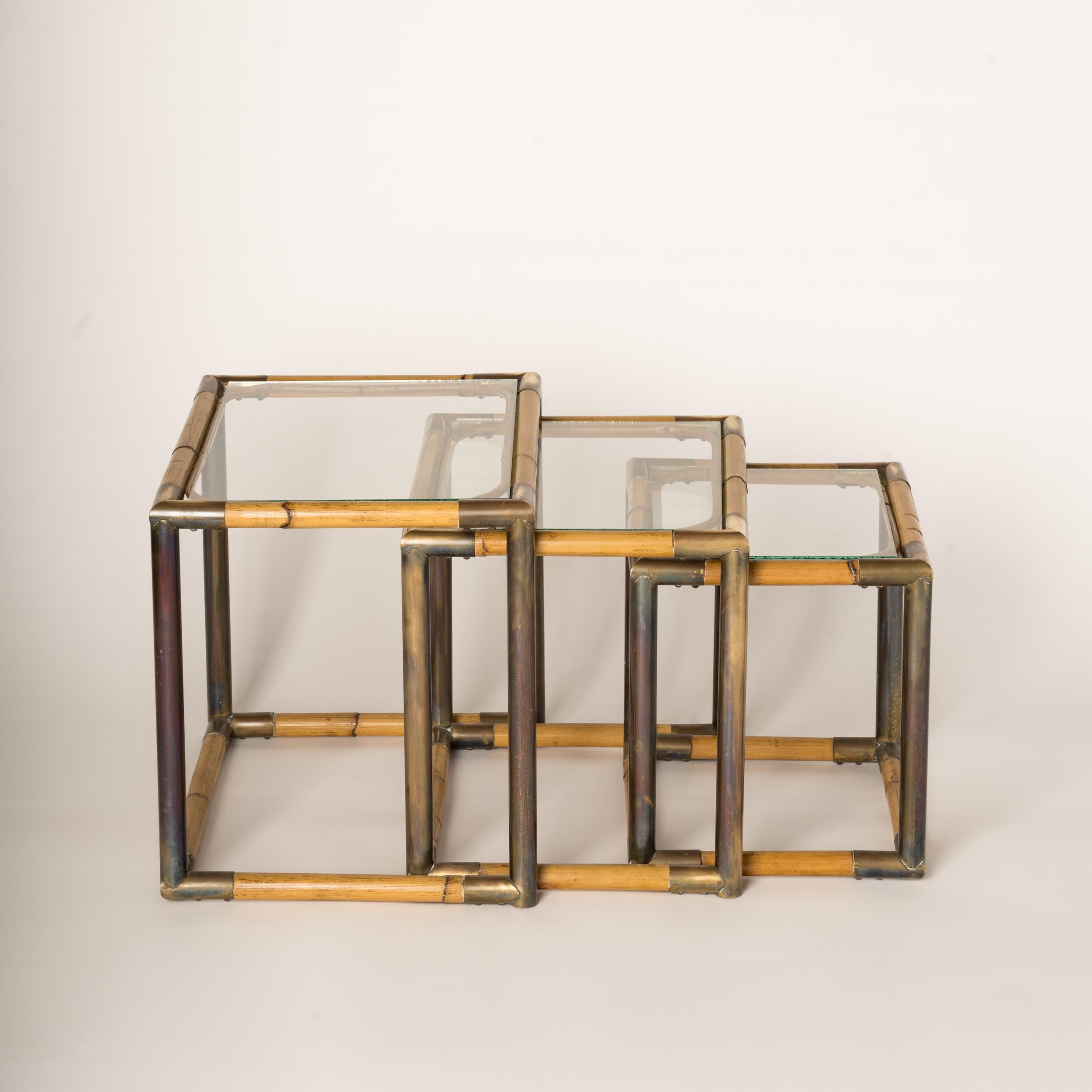 Italian Set of Three Bamboo & Brass Nesting Tables, Italy, 1970's For Sale