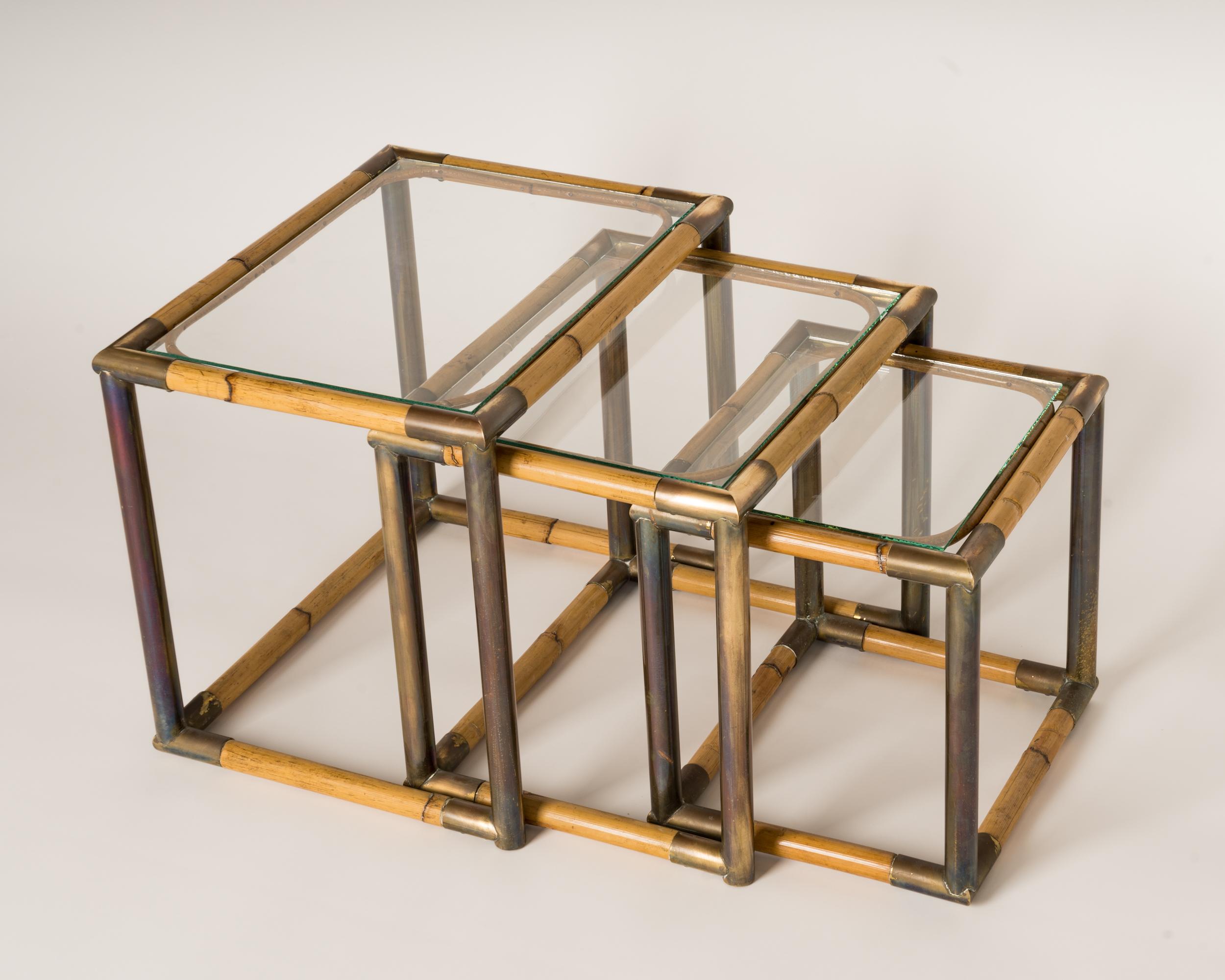 Set of Three Bamboo & Brass Nesting Tables, Italy, 1970's In Fair Condition For Sale In New York, NY