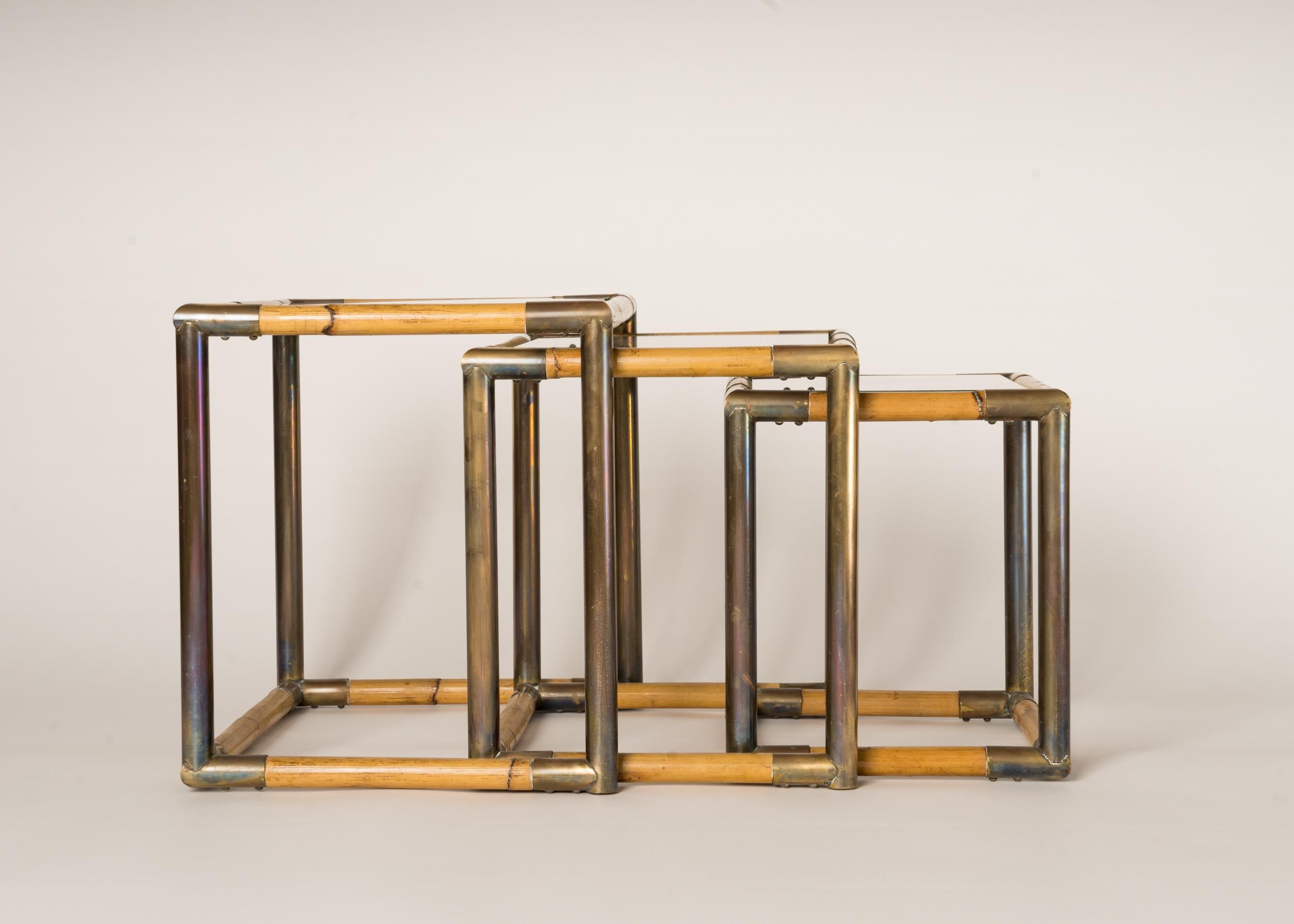 Late 20th Century Set of Three Bamboo & Brass Nesting Tables, Italy, 1970's For Sale