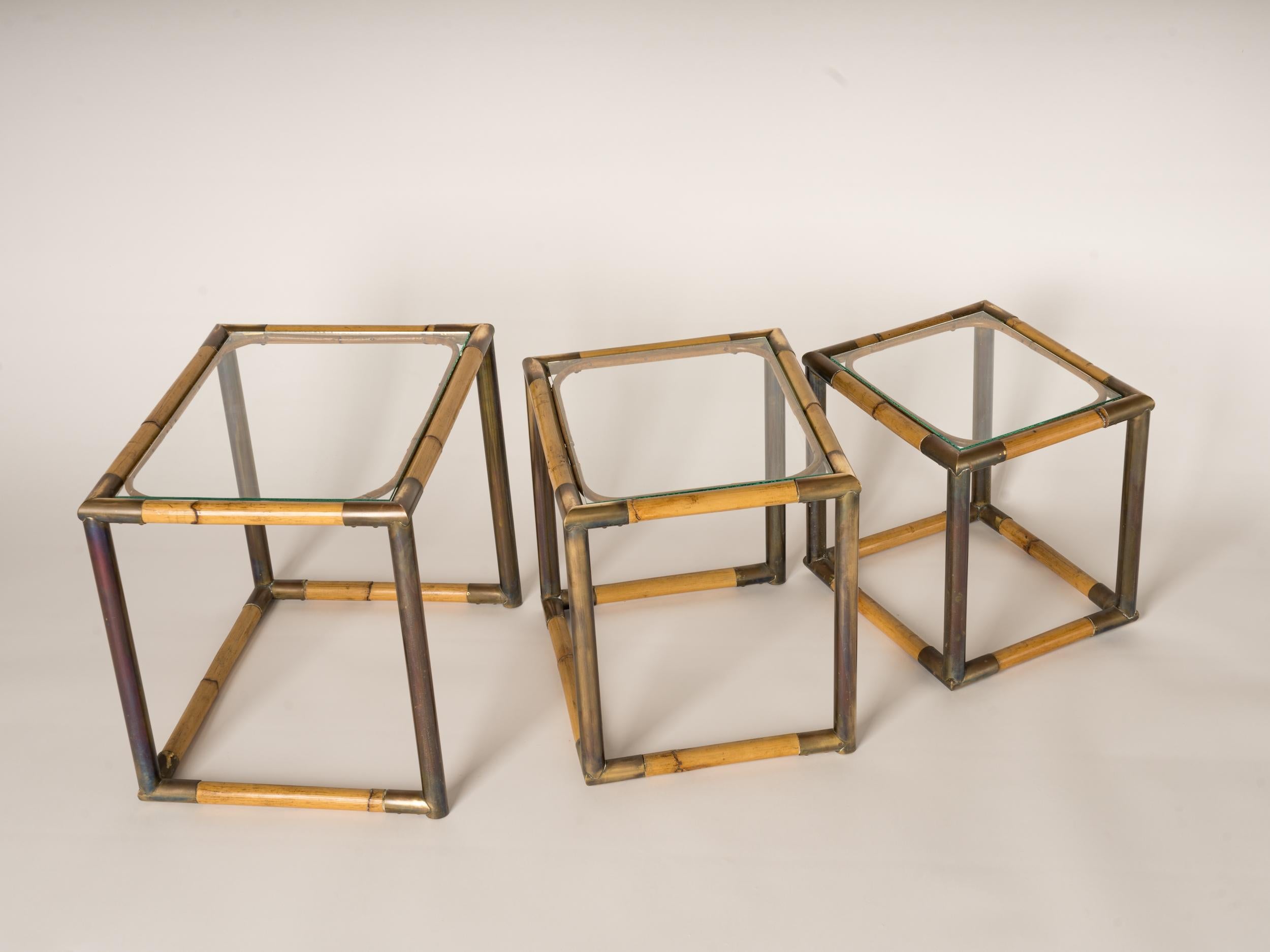Set of Three Bamboo & Brass Nesting Tables, Italy, 1970's For Sale 1
