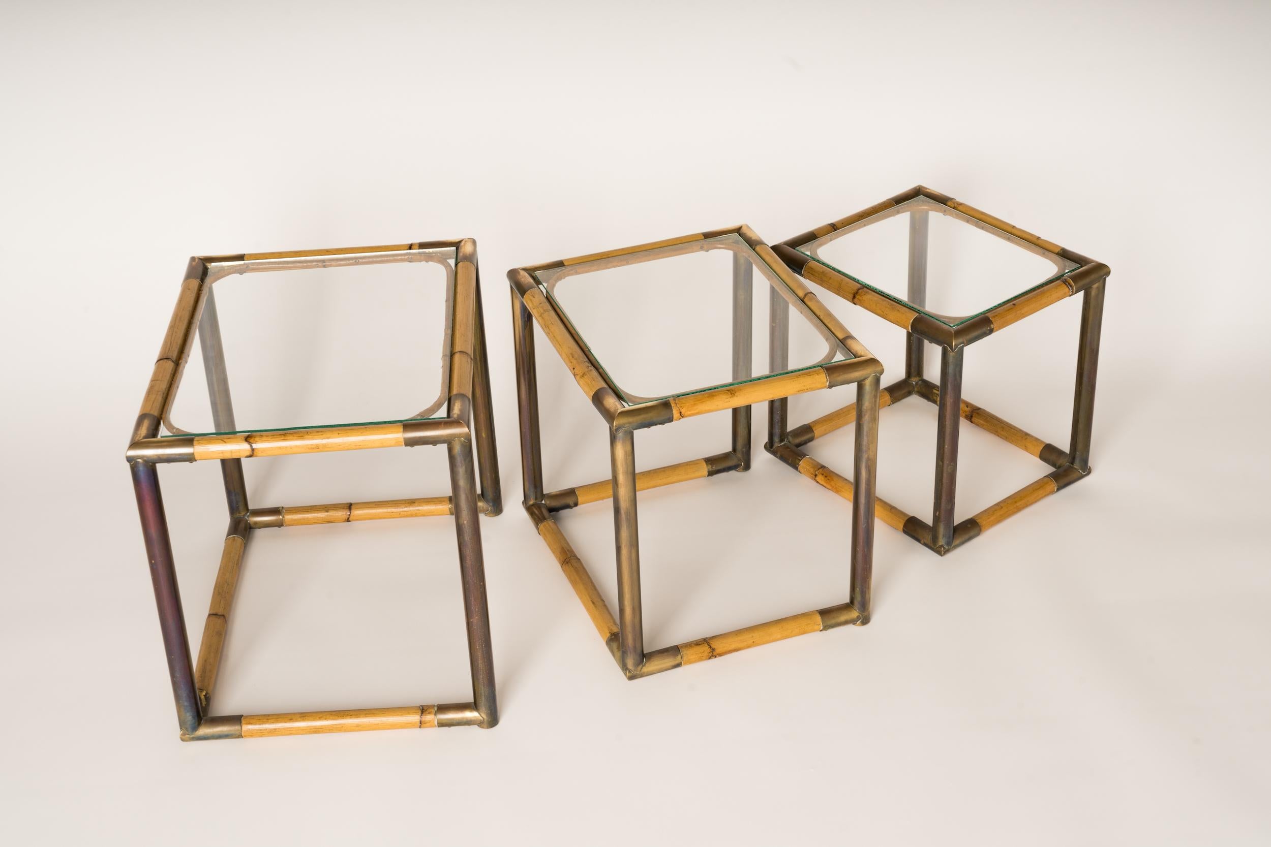 Set of Three Bamboo & Brass Nesting Tables, Italy, 1970's For Sale 2