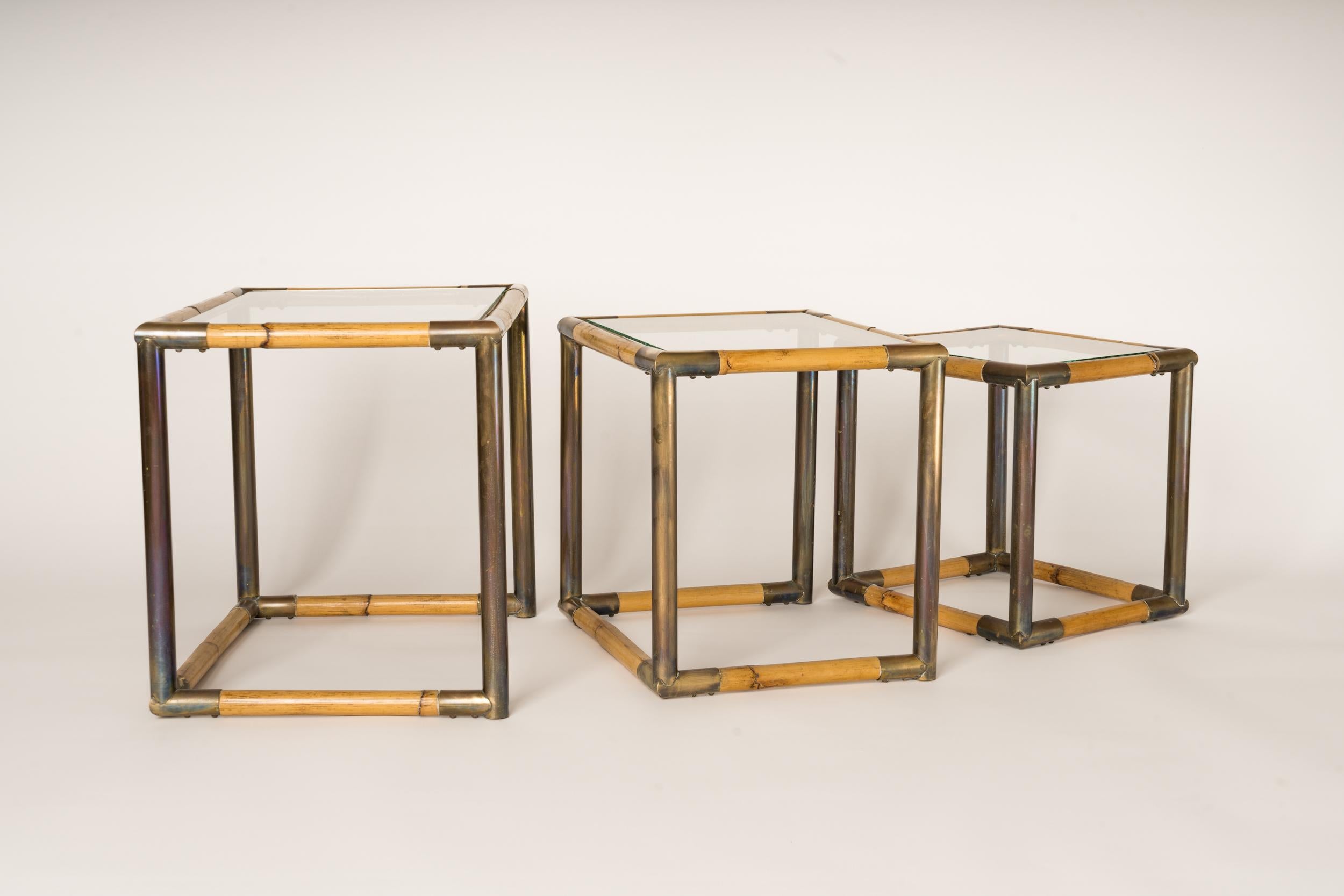 Set of Three Bamboo & Brass Nesting Tables, Italy, 1970's For Sale 3