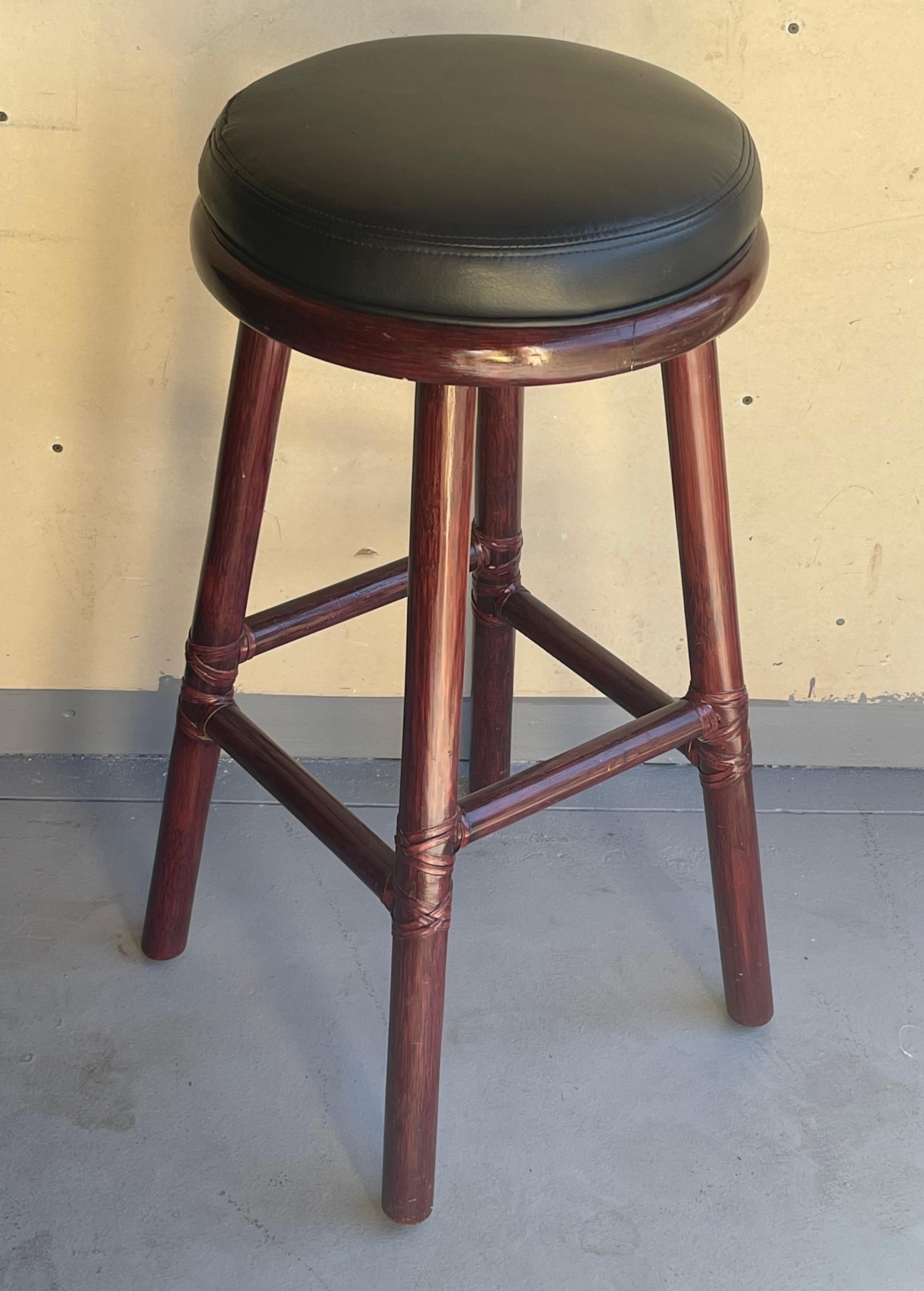 Set of Three Bamboo & Leather Bar Stools by McGuire Furniture Co. For Sale 1