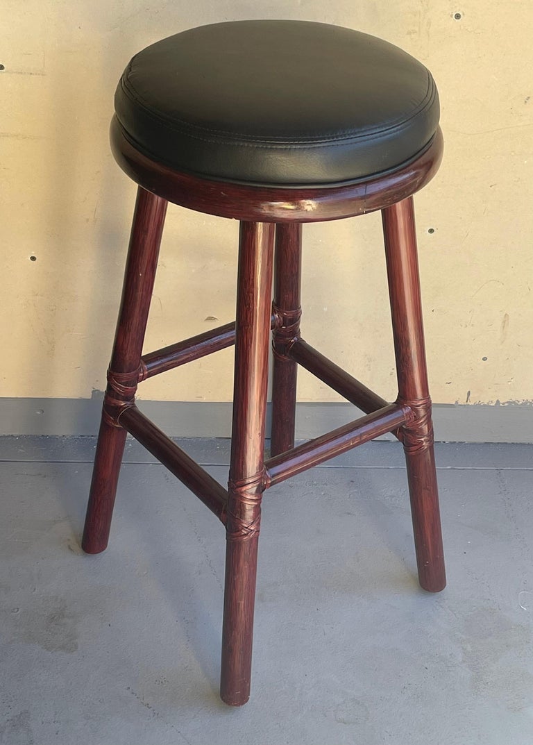 Set of Three Bamboo & Leather Bar Stools by McGuire Furniture Co. For Sale 4