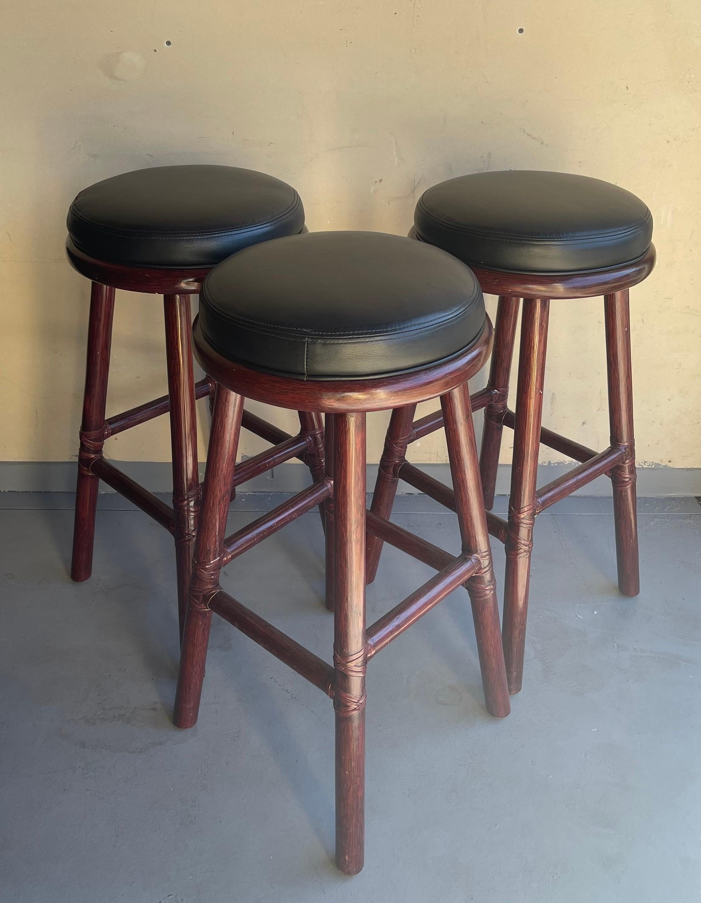 Set of Three Bamboo & Leather Bar Stools by McGuire Furniture Co. For Sale 5