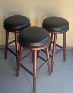 Set of Three Bamboo & Leather Bar Stools by McGuire Furniture Co.