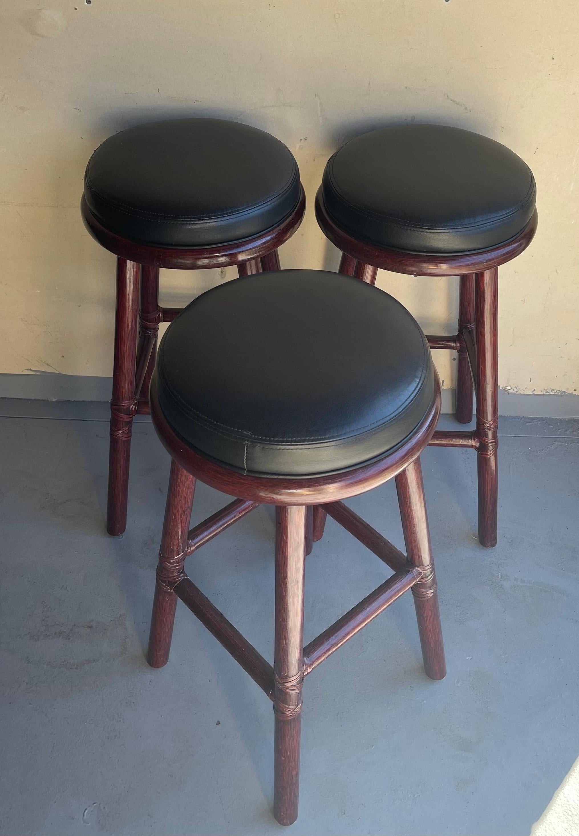 American Set of Three Bamboo & Leather Bar Stools by McGuire Furniture Co. For Sale
