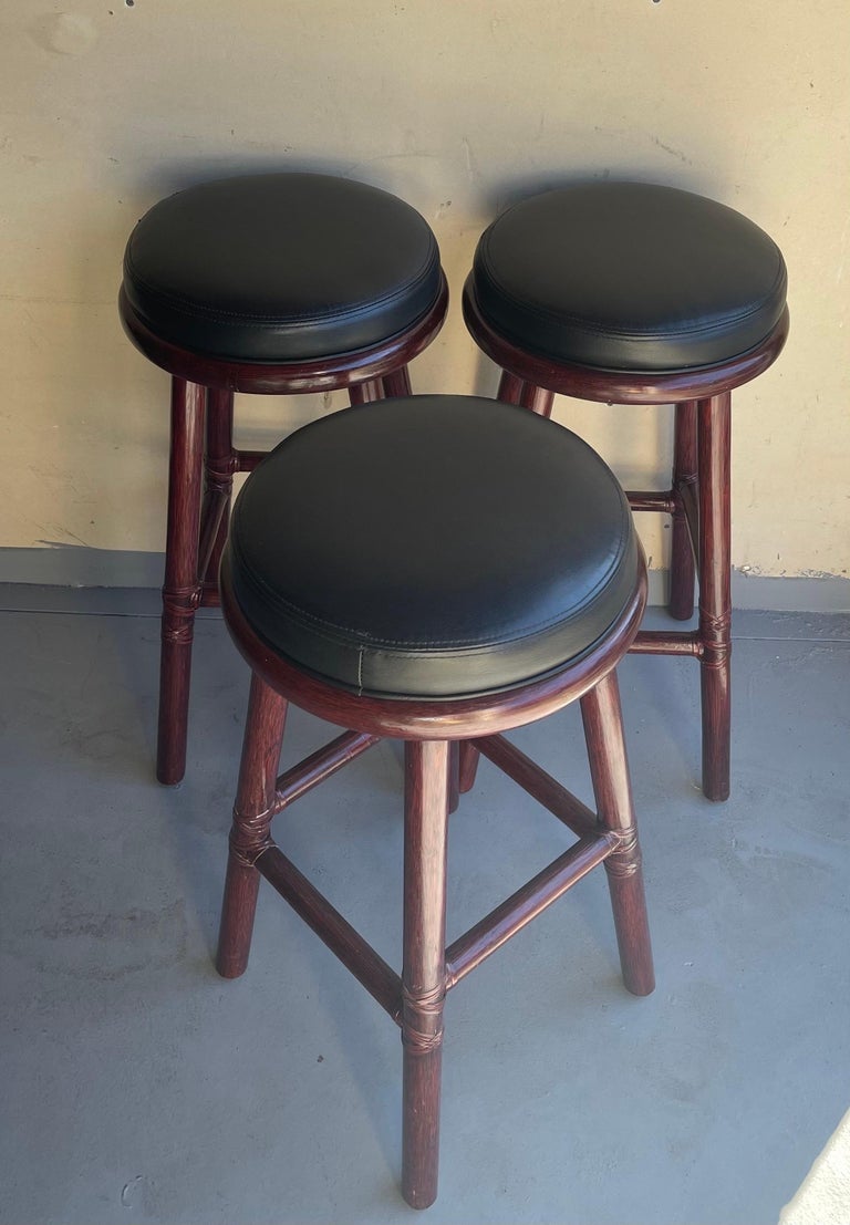 Set of Three Bamboo & Leather Bar Stools by McGuire Furniture Co. For Sale 1