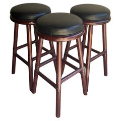 Vintage Set of Three Bamboo & Leather Bar Stools by McGuire Furniture Co.