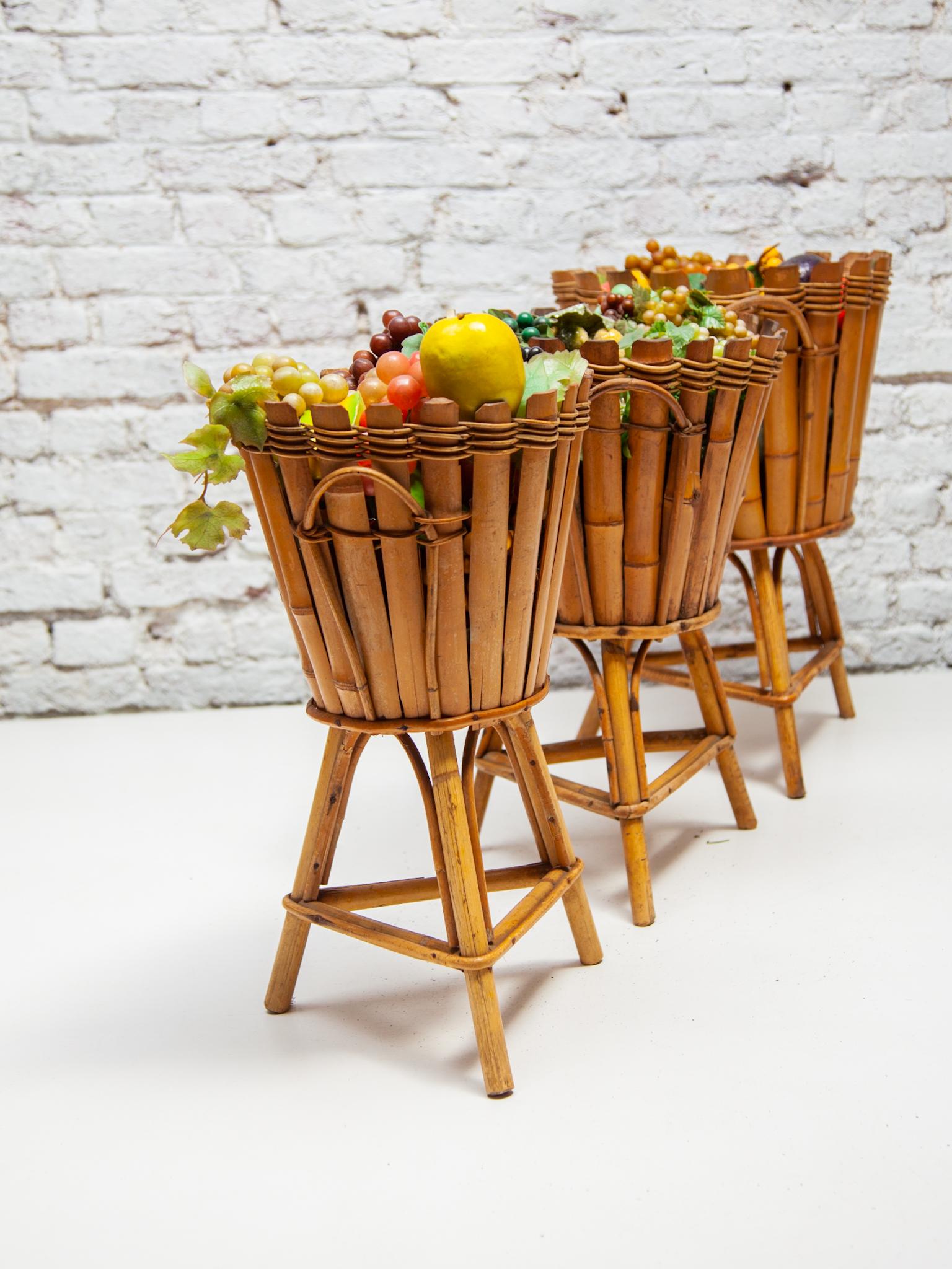 Set of Three Bamboo Stand Planters and Wall Hanging Baskets, Italy, 1950s For Sale 4