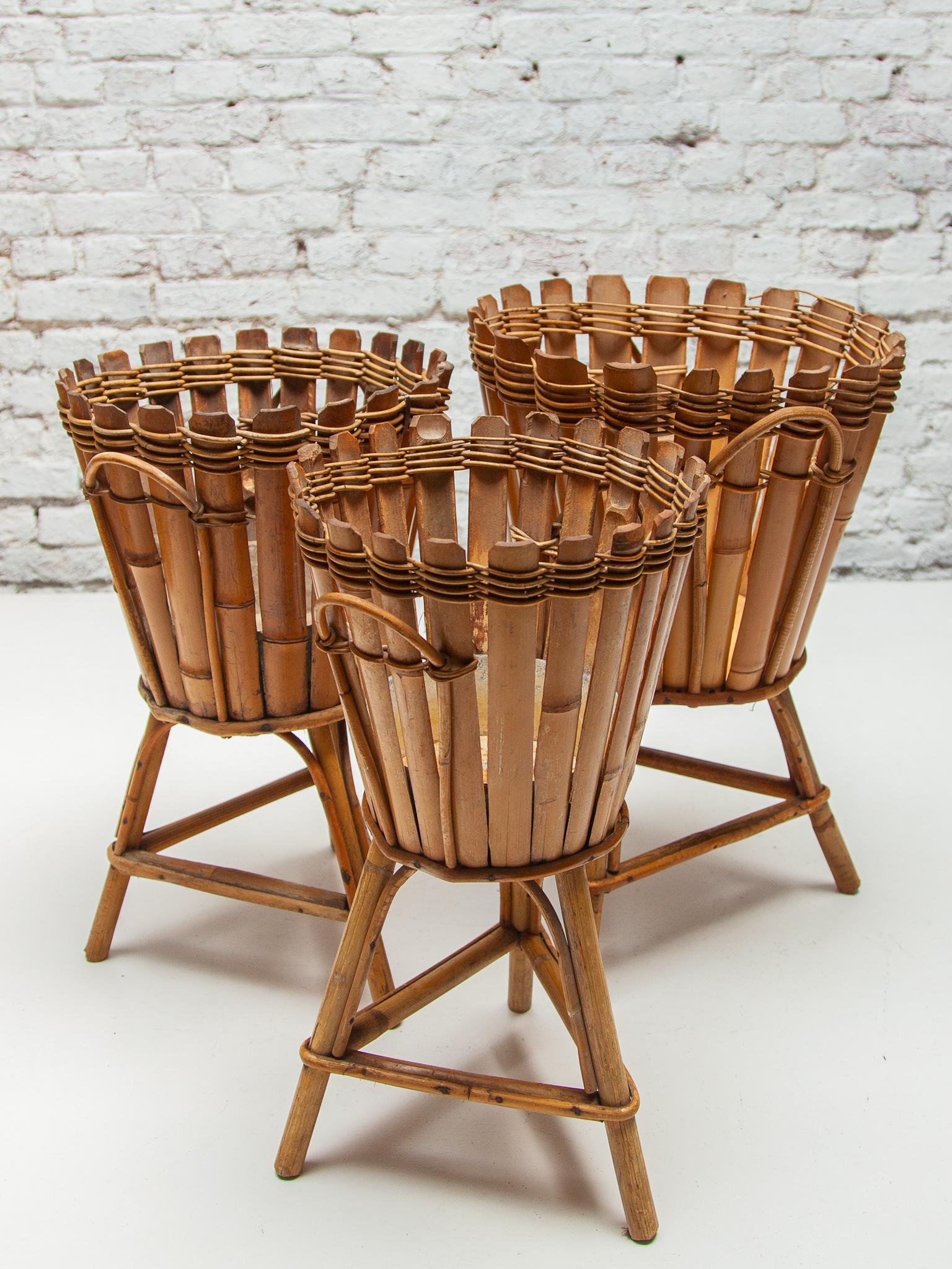 Set of Three Bamboo Stand Planters and Wall Hanging Baskets, Italy, 1950s For Sale 7