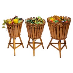 Set of Three Bamboo Stand Planters and Wall Hanging Baskets, Italy, 1950s