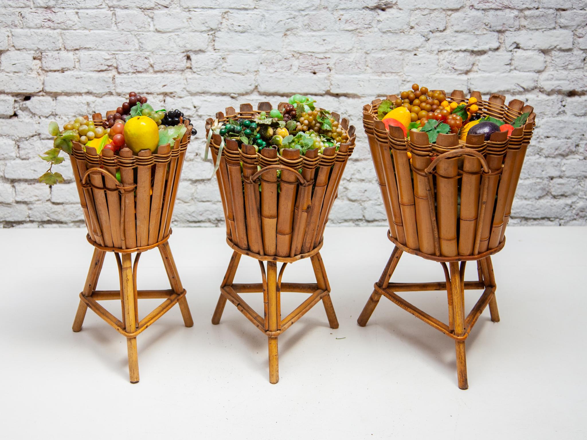 Set of Three Bamboo Stand Planters and Wall Hanging Baskets, Italy, 1950s For Sale 2