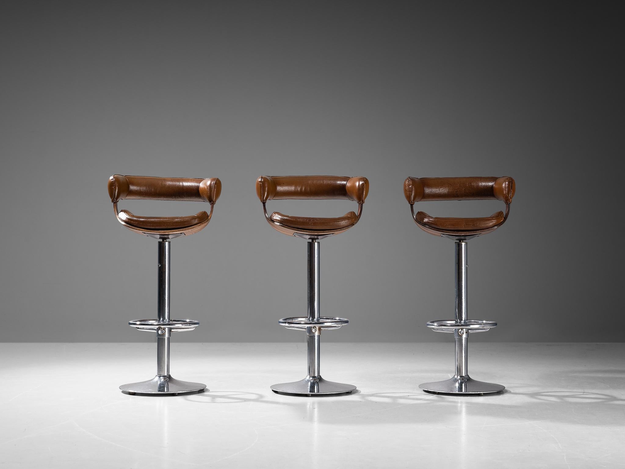 European Set of Three Barstools in Leather and Wengé 
