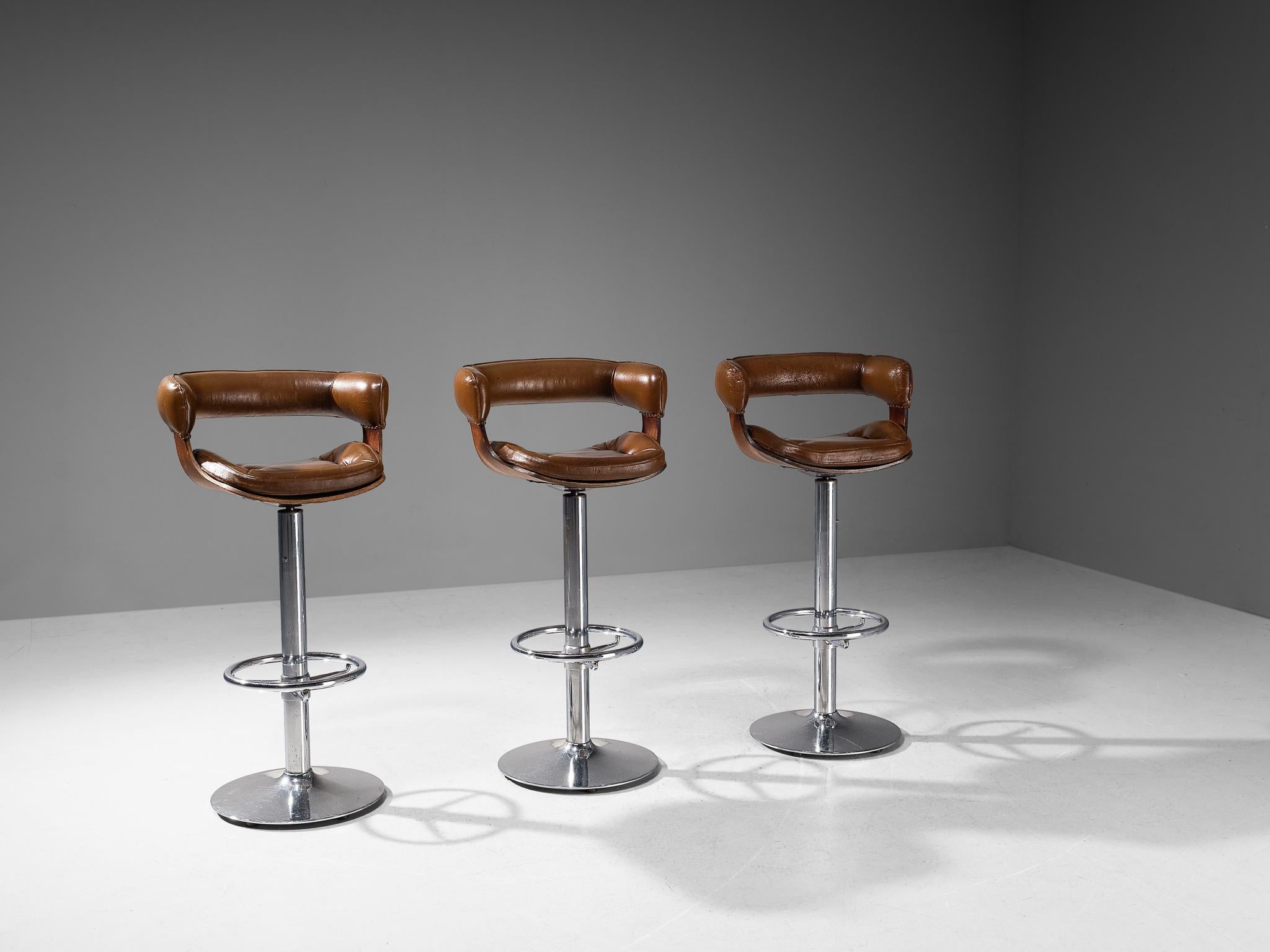 Metal Set of Three Barstools in Leather and Wengé 