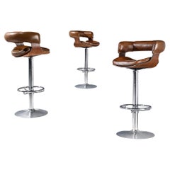 Set of Three Barstools in Leather and Wengé 
