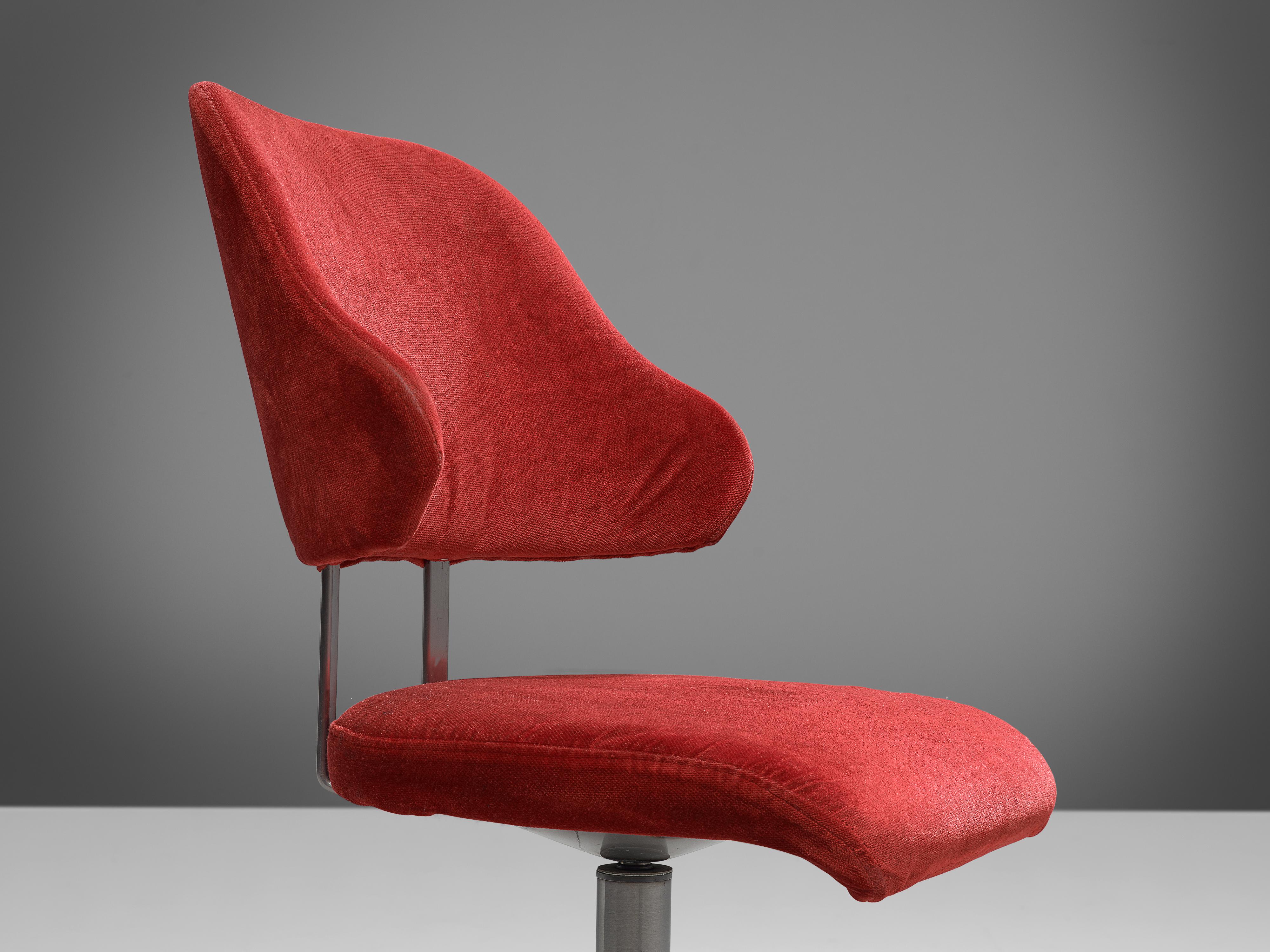 Mid-Century Modern Set of Three Barstools in Red Velvet Upholstery