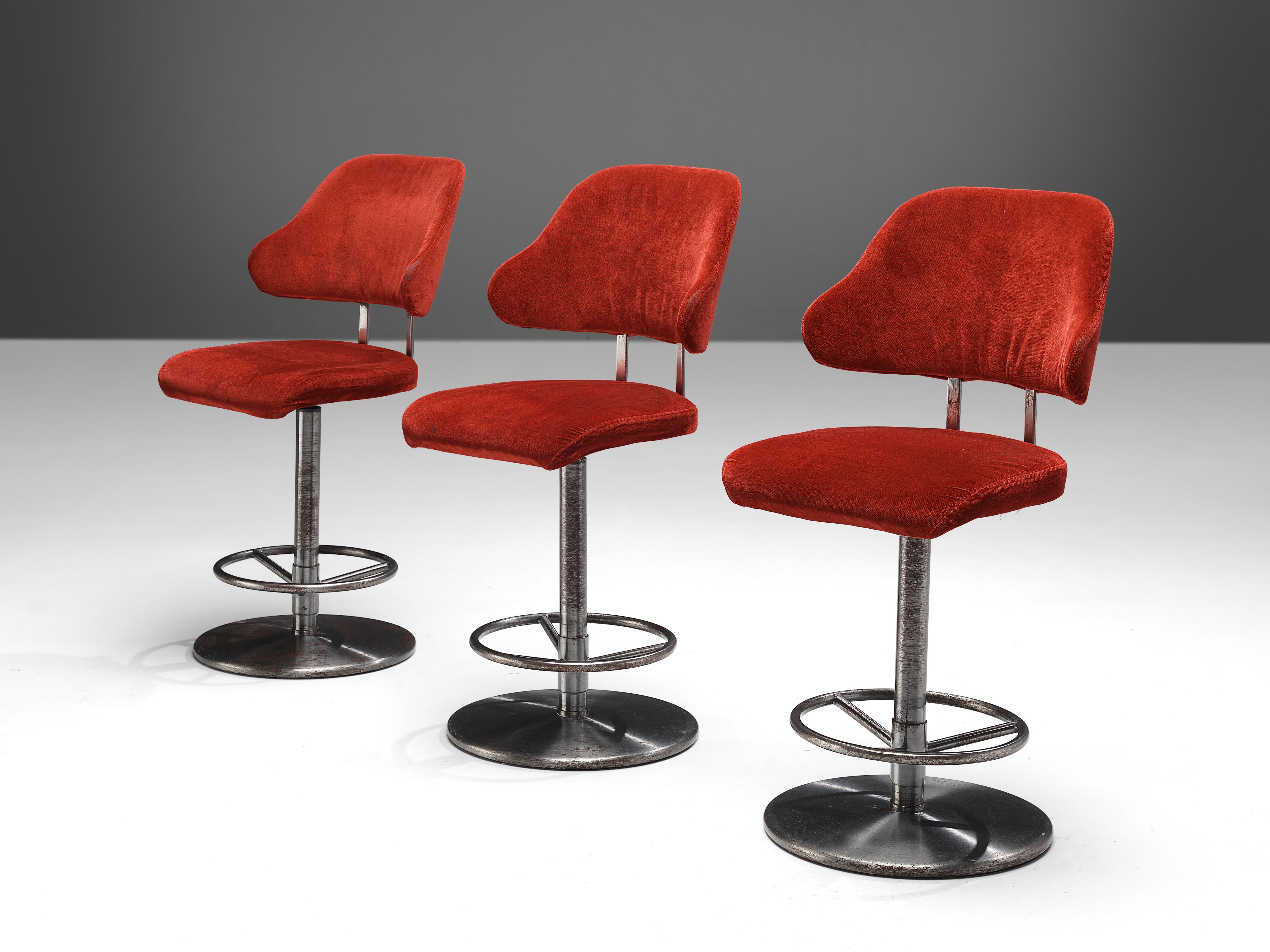 European Set of Three Barstools in Red Velvet Upholstery