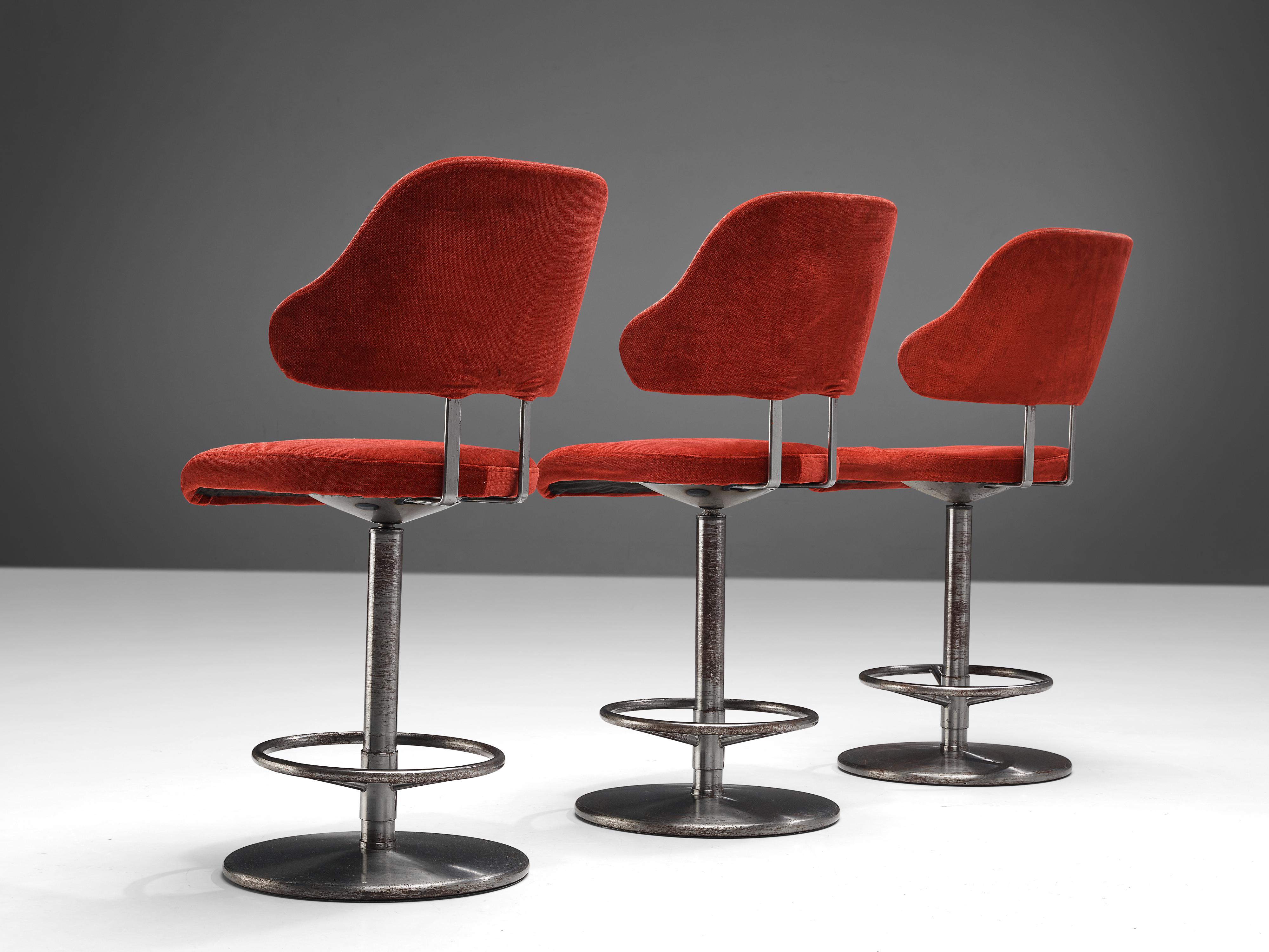 Late 20th Century Set of Three Barstools in Red Velvet Upholstery