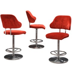 Set of Three Barstools in Red Velvet Upholstery