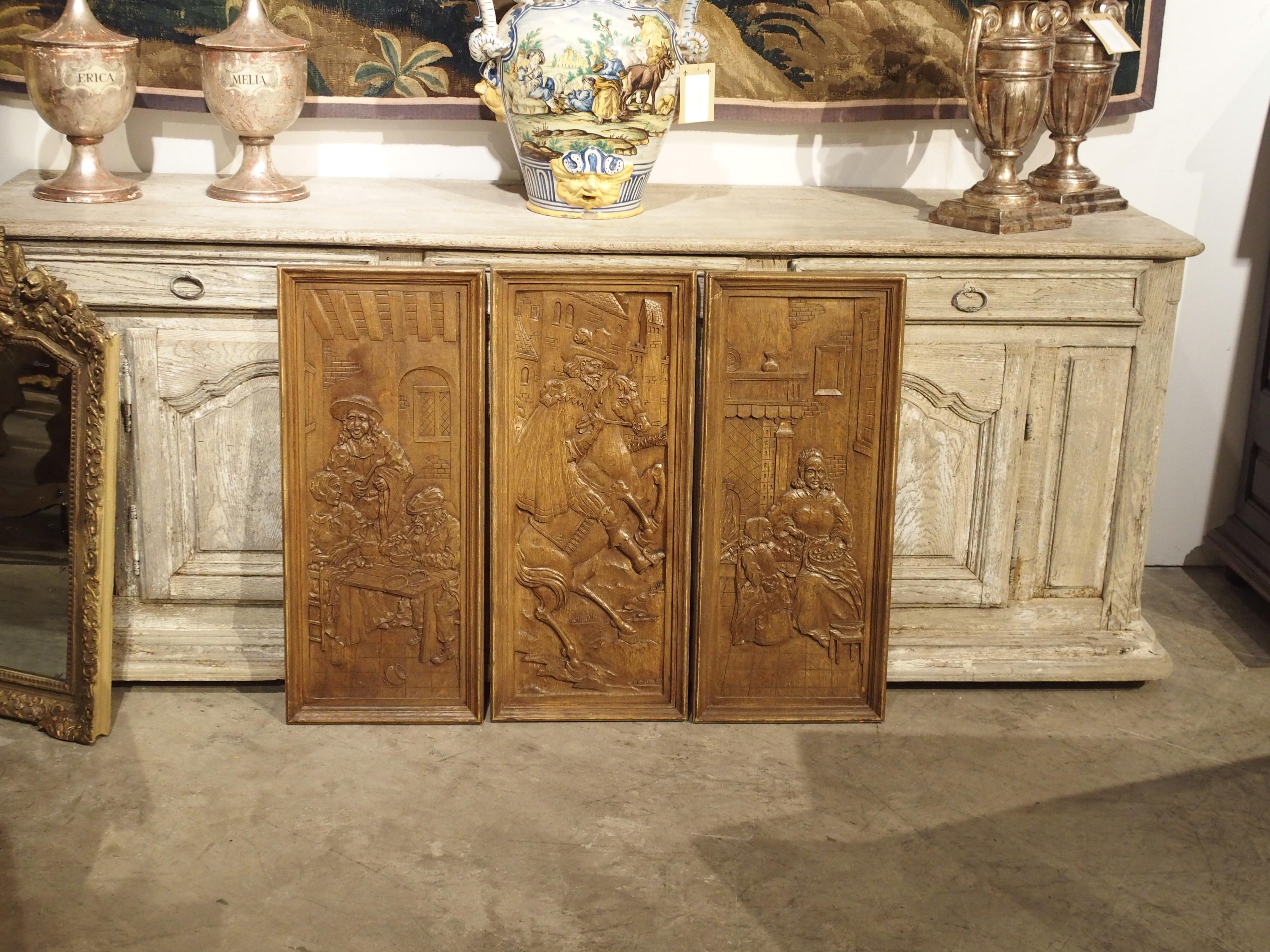 Set of Three Bas Relief Carved Belgian Panels, circa 1930 4