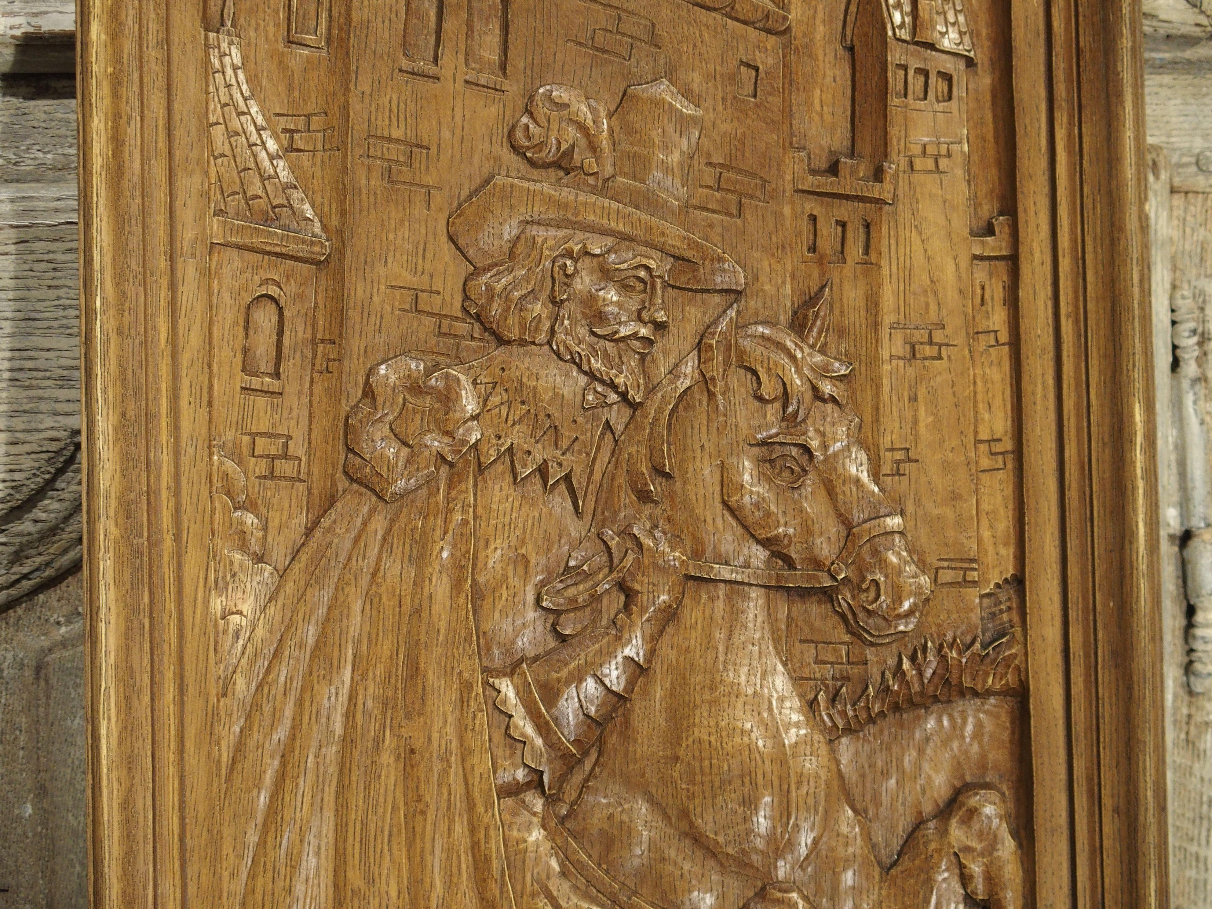 From Belgium, this group of three hand carved panels depict different indoor and outdoor scenes. The panels have been framed in the same light weight wood as the low relief hand carved scenes. The first panel is an interior scene of three people at