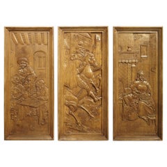 Set of Three Bas Relief Carved Belgian Panels, circa 1930