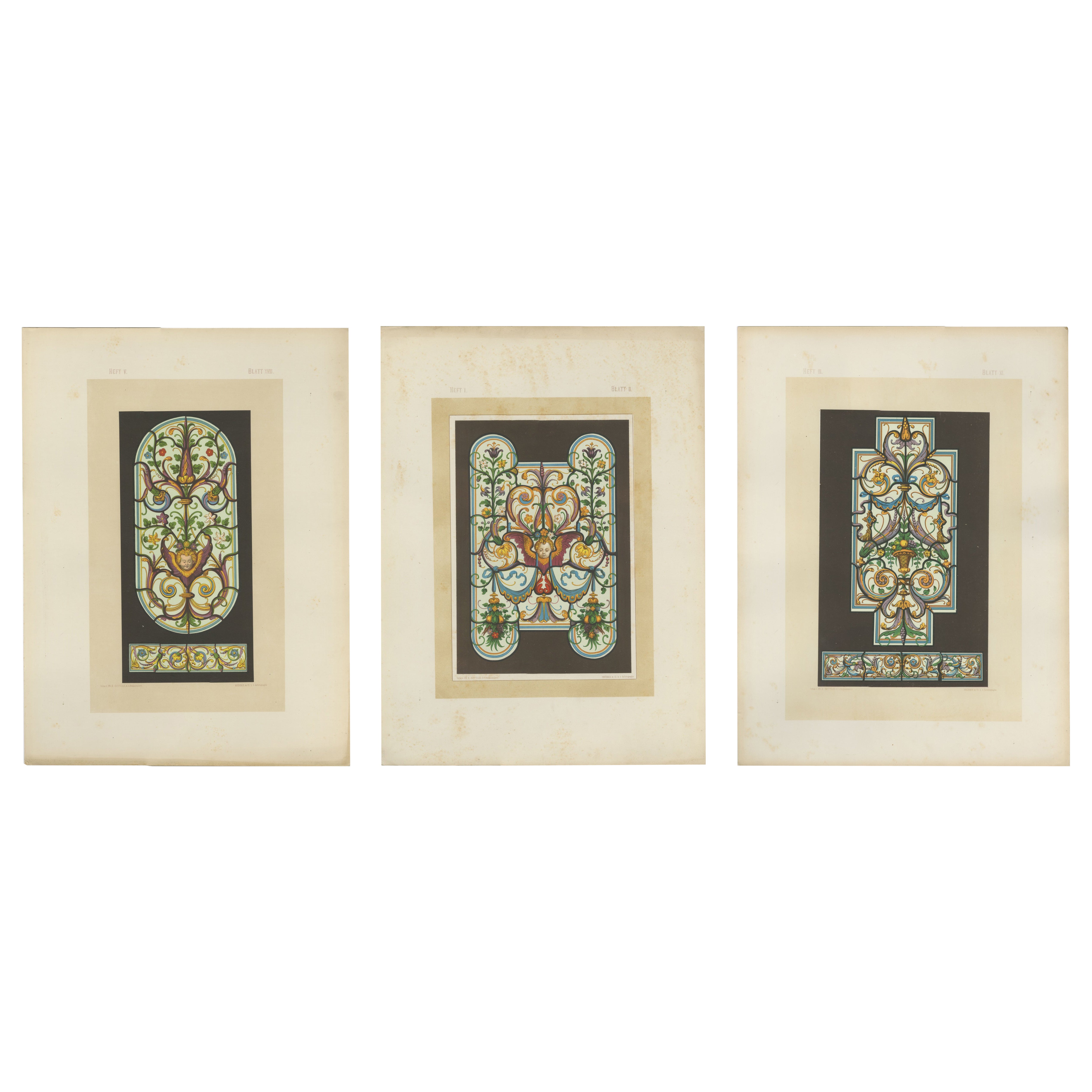 Set of Three Bavarian Decorative Panel Chromolithographs, Zettler Munich 1874