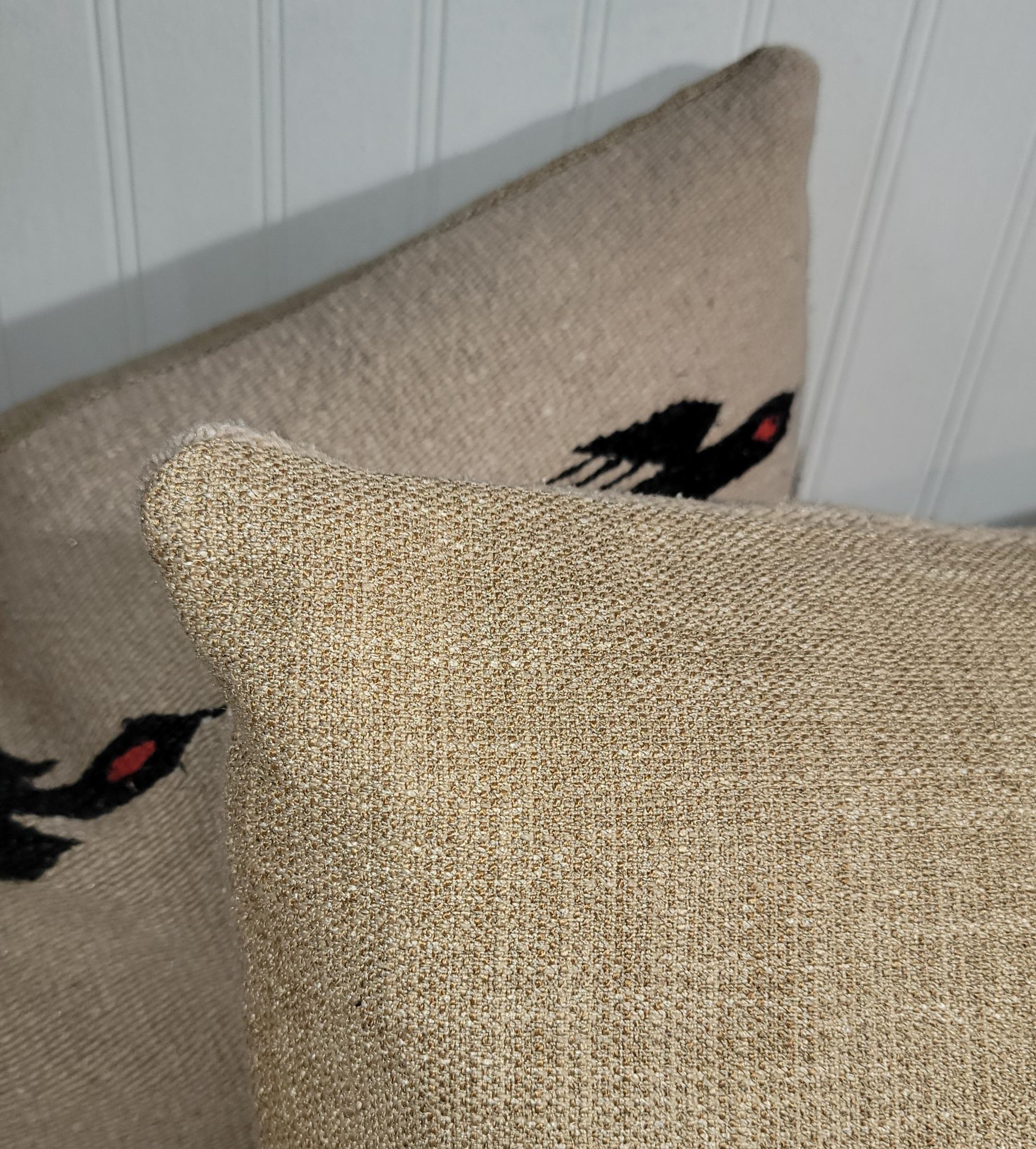 Beautiful beige/tan and black bird pillows sold in a set of three. These vintage bird pillows are made from wool fabrics and linen backings. The inserts are custom down and feather filled. This set of three are great for a sofa or large seat. Great