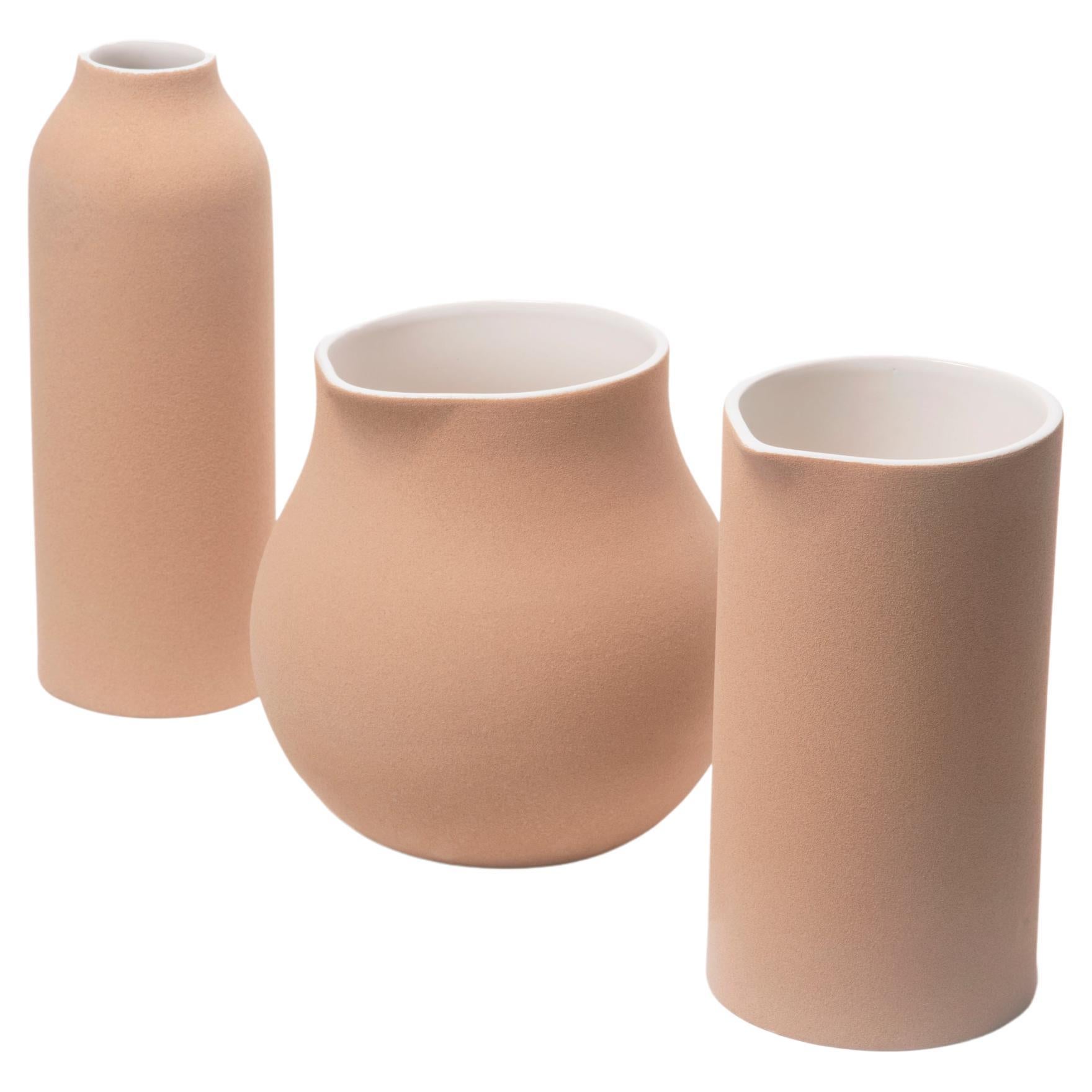 Set of Three Beige Vessels in High Temperature Stoneware and Clay
