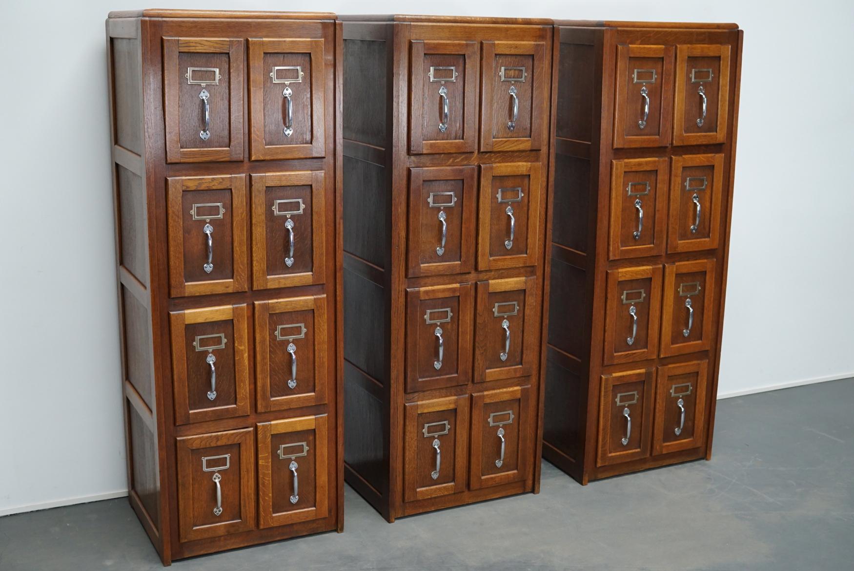 These filing cabinets were produced during the 1950s in Belgium. The cabinets feature 8 decent sized drawers with nice card holders and pulls. The interior dimensions of the drawers are: D x W x H 37 x 19 x 17.5 / 30 cm. The cabinets are sold