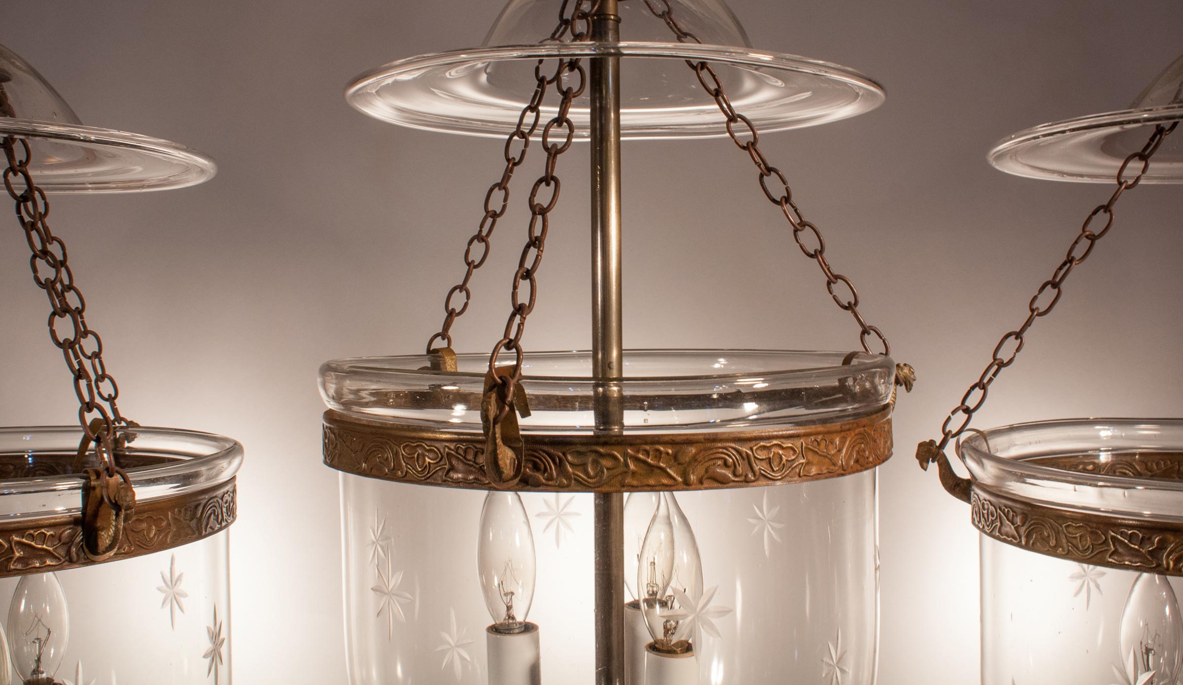 Victorian Set of Three Bell Jar Lanterns with Star Etching