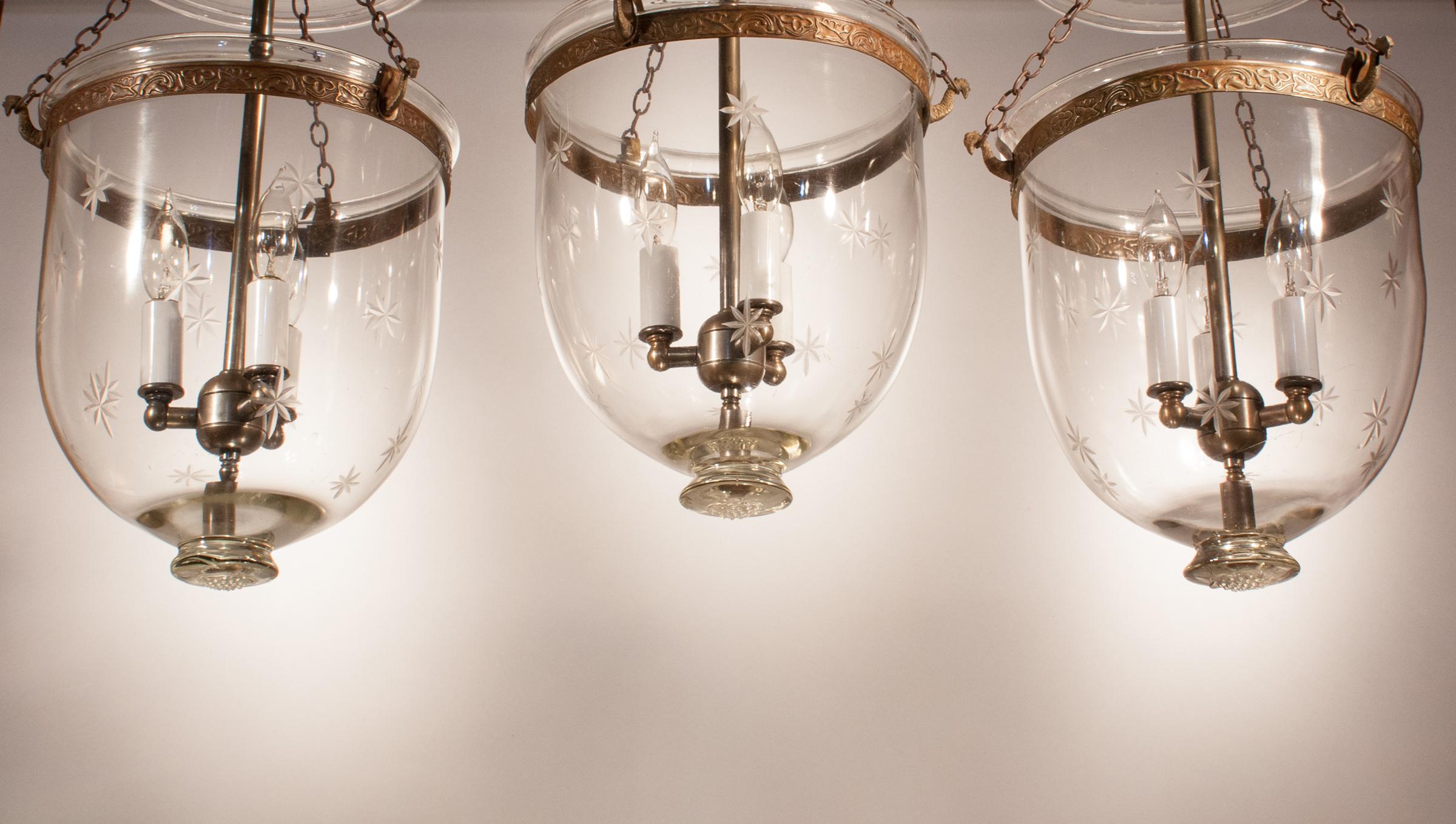 English Set of Three Bell Jar Lanterns with Star Etching