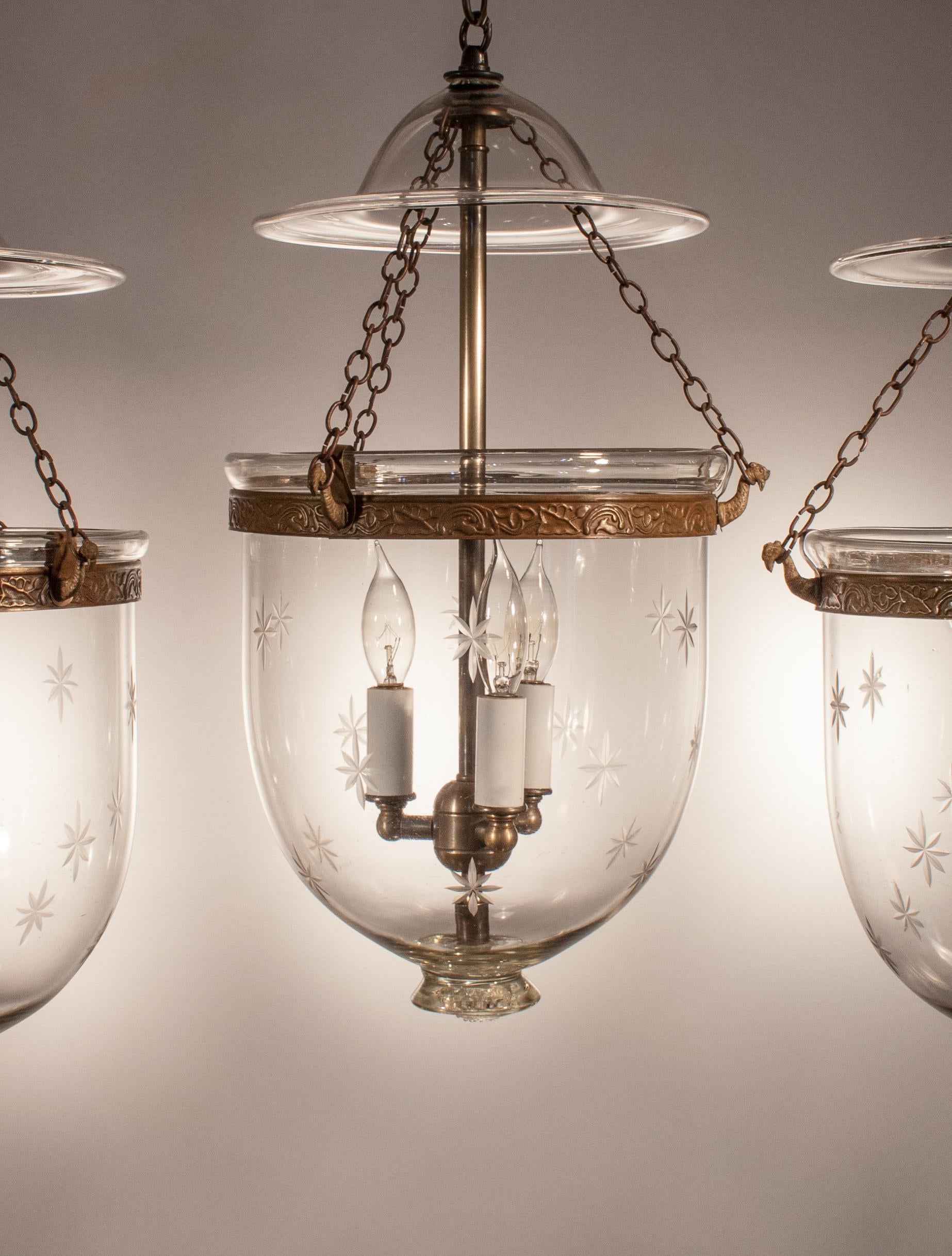 Etched Set of Three Bell Jar Lanterns with Star Etching