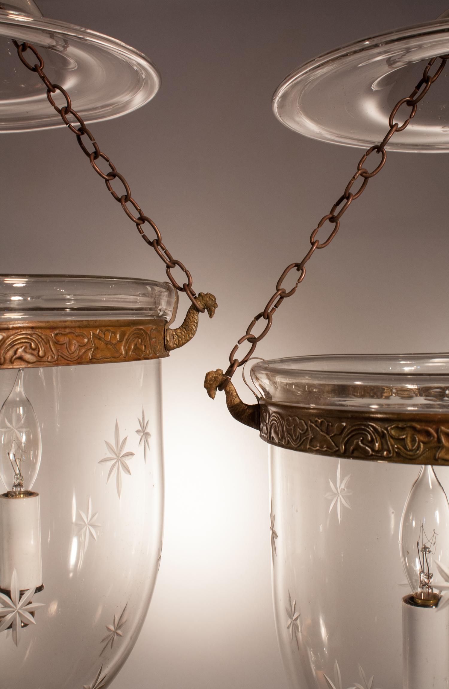 Set of Three Bell Jar Lanterns with Star Etching In Good Condition In Heath, MA