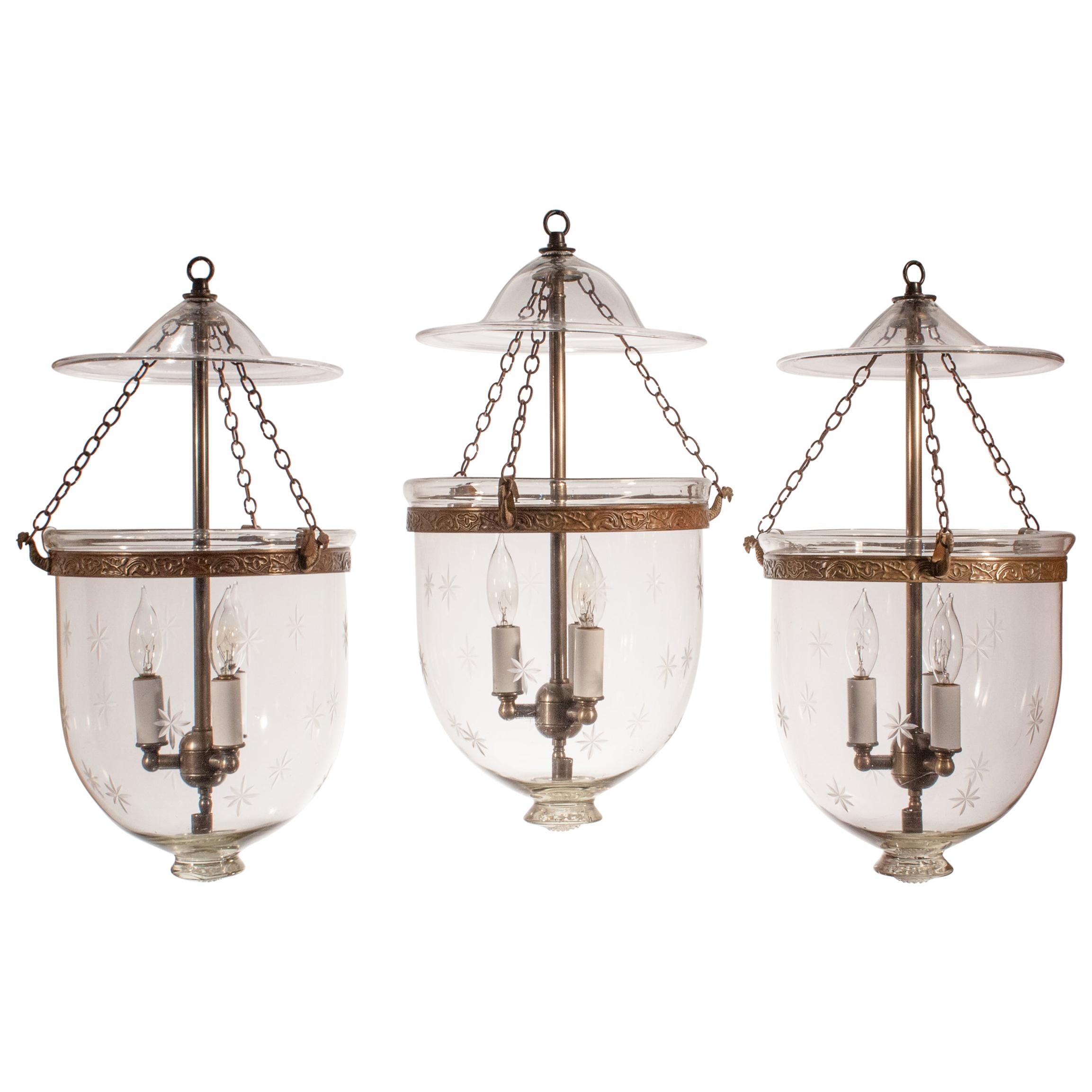 Set of Three Bell Jar Lanterns with Star Etching